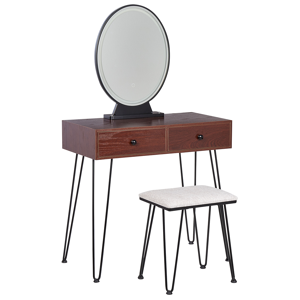 Beliani Sminkbord Mörkt Trä och Svart MDF 2 Lådor LED Spegel Pall Vardagsrumsmöbler Glam Design