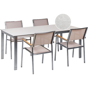 Beliani Trädgårdsgrupp Vit bordsskiva Glas Rostfri Stålram Beige Set med 4 Stolar Textilene Modern Utomhusstil