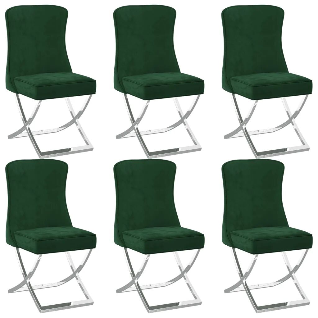 vidaXL Jedálenské stoličky 6 ks tmavozelené 53x52x98 cm zamat a nehrdzavejúca oceľ