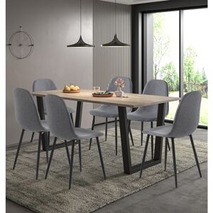 Hallowood Furniture - Dudley Large Dining Table and Chairs Set 6, Dinner Table (180cm) with Chunky u Shaped Metal Legs & Dark Grey Fabric Chairs,