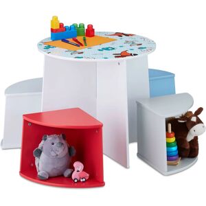 Children's Furniture Set with Puppy Motif, Kids' Table, 4x Stools, mdf, hwd: 50.5 x 55 x 55 cm, Colourful - Relaxdays