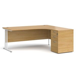 Office Desk   Right Hand Corner Desk 1800mm With Pedestal   Oak Top With White Frame   Maestro 25