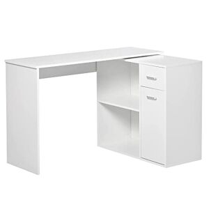 HOMCOM L-Shaped Desk Computer Corner Desk, Adjustable Dining Table with Storage Shelf and Drawer, Workstation for Home Office, White