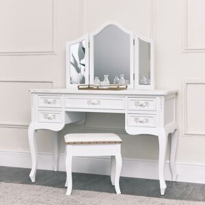 Antique White Dressing Table Desk with Triple Mirror and Stool - Pays Blanc Range Material: Wood, fabric