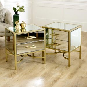 Pair of Gold Mirrored Bedside / Occasional Tables - Venus Range Material: Metal / Glass