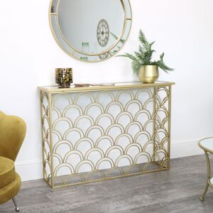 Slim Gold Mirrored Art Deco Console Table Material: Metal, Glass, Wood