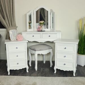 White Dressing Table, Mirror, Stool & Pair Bedside Tables - Victoria Range Material: Wood / Glass / Fabric