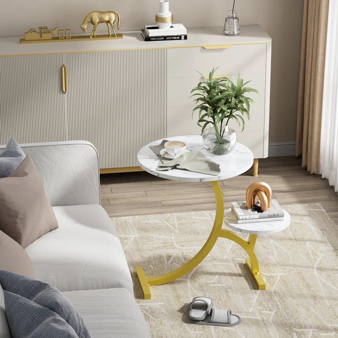 Fairmont Park Alfortville Side Table in C Shape, Round Desktop, Used as Laptop Stand, Computer Desk, Bed Table gray/white/yellow 60.0 H x 68.0 W x 50.0 D cm