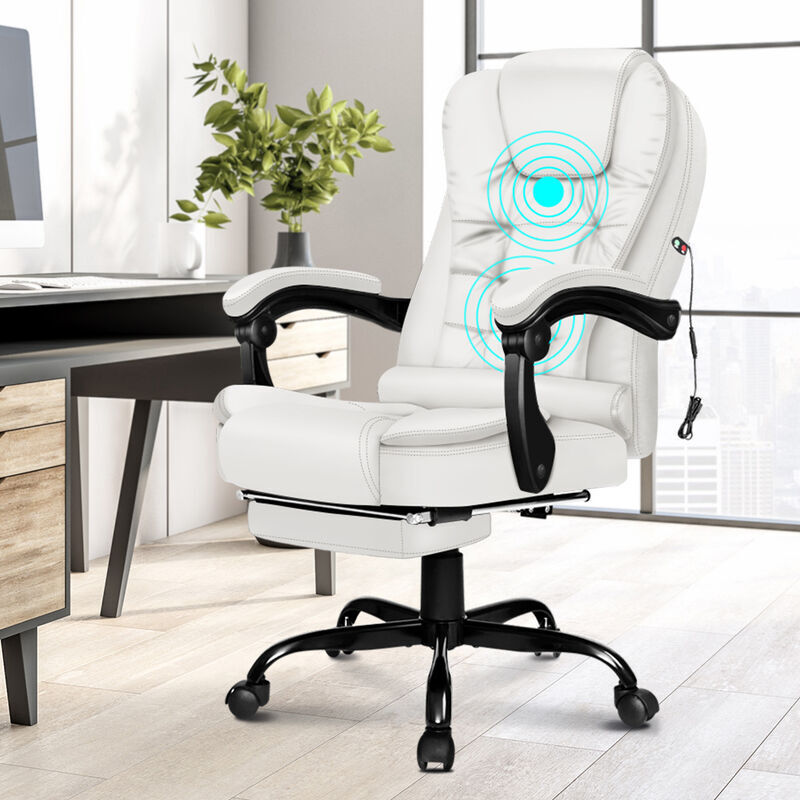 ELFORDSON Massage Office Chair with Footrest Executive Gaming Seat Leather White