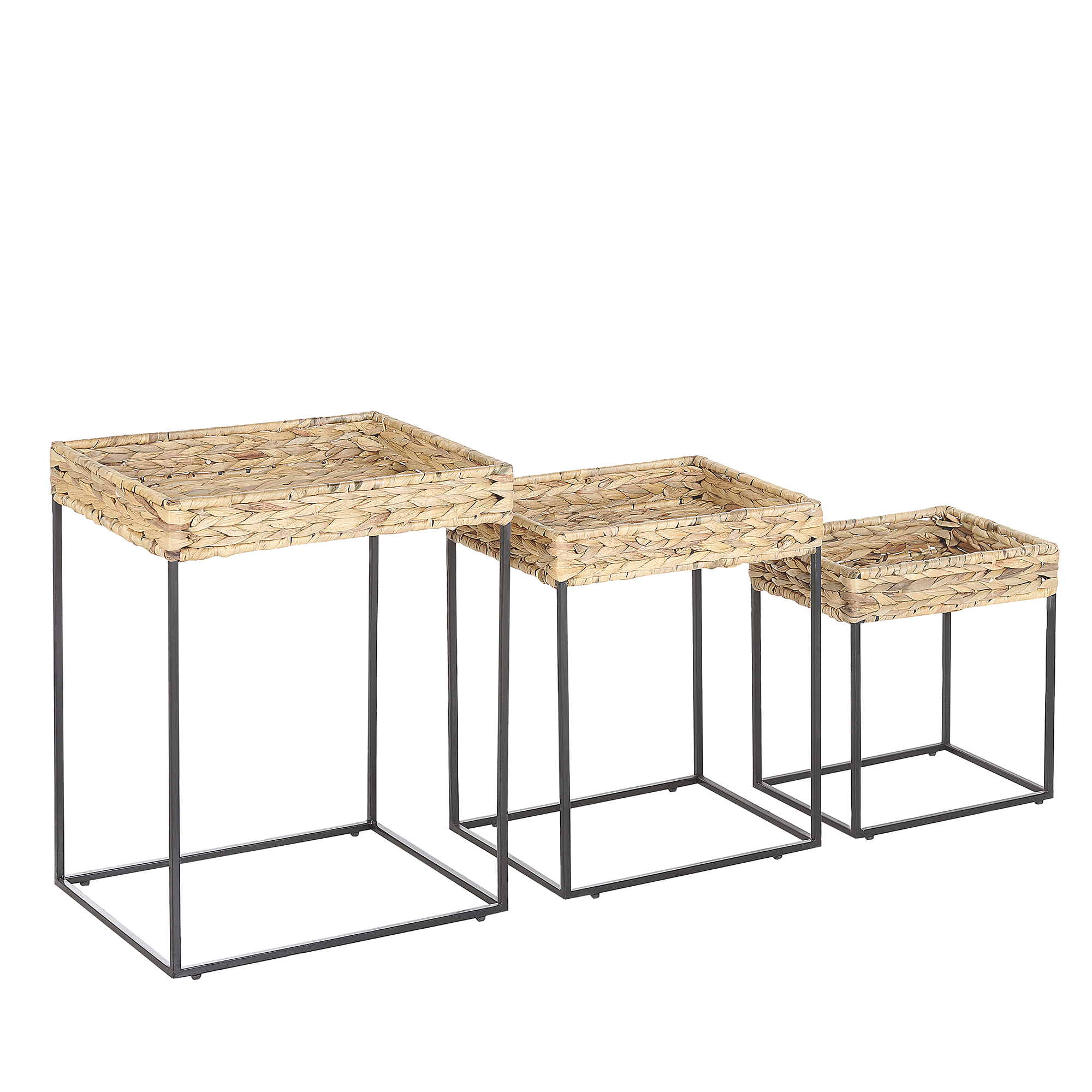Beliani Nest of 3 Side Tables Light Wood with Black Seagrass Top Iron Frame Natural Wicker Living Room Rustic