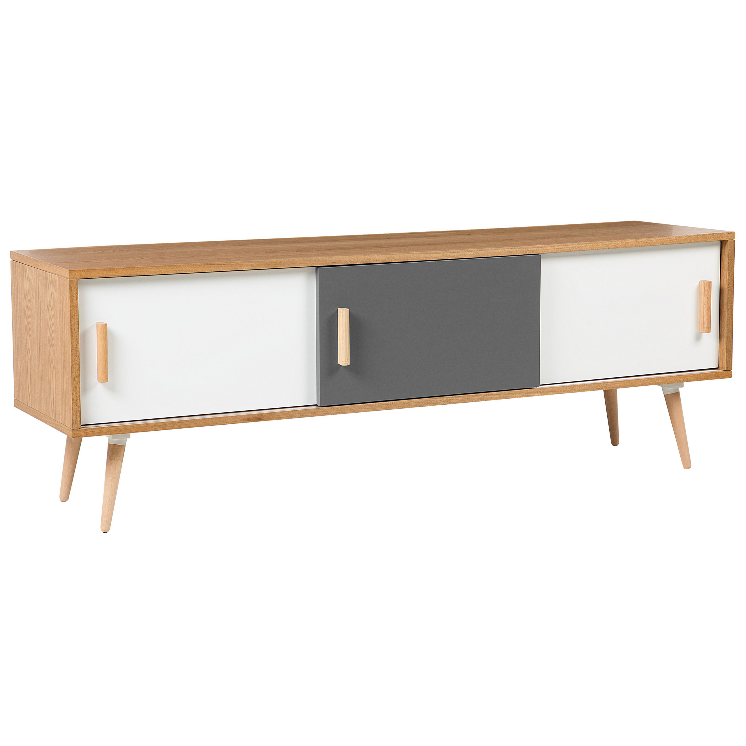 Beliani TV Stand Light Wood TV Up To 72ʺ Recommended 2 Sliding Doors Cabinets Scandinavian