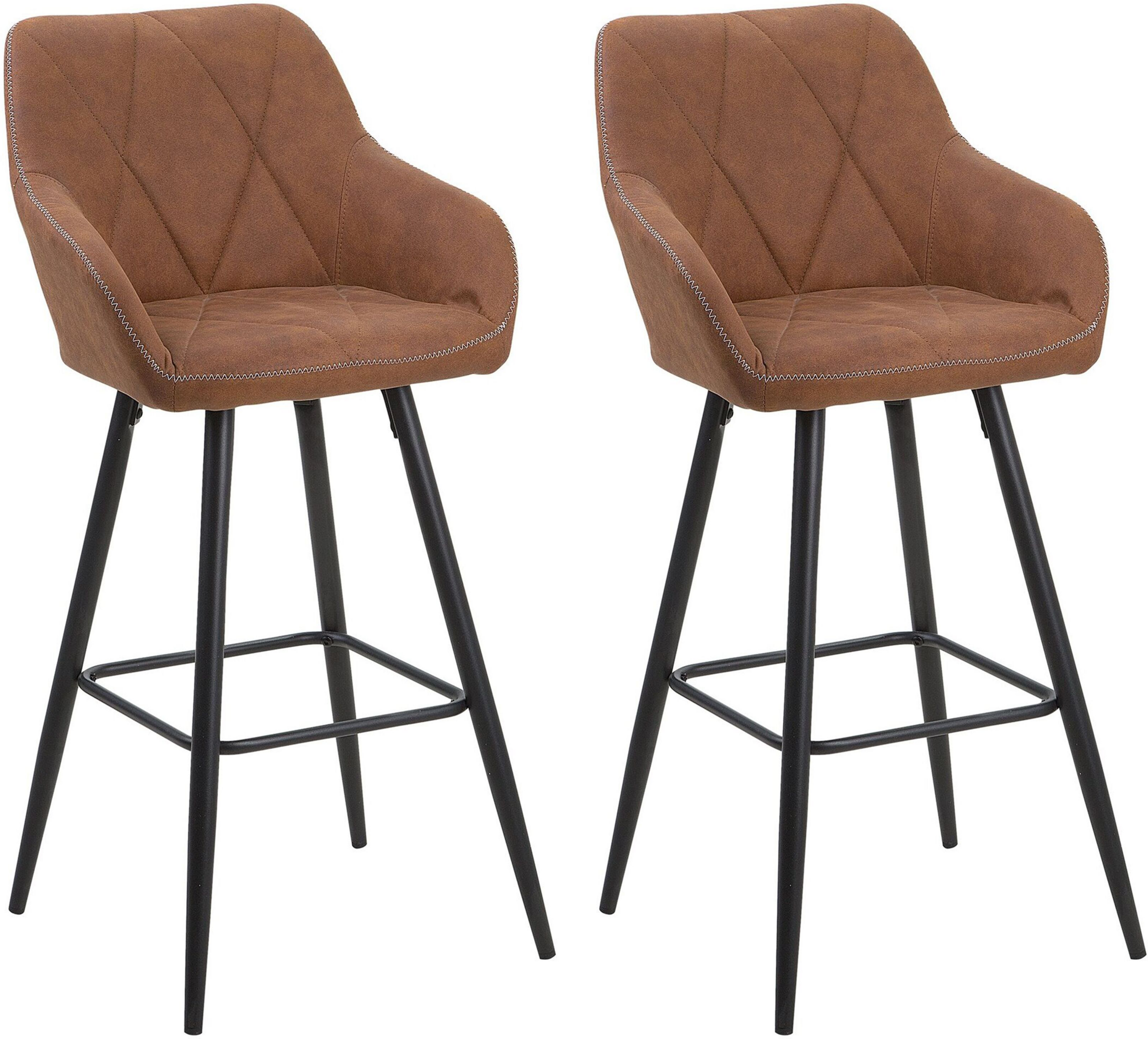 Beliani Set of 2 Bar Stool Brown Fabric Upholstered With Arms Quilted Backrest Black Metal Legs