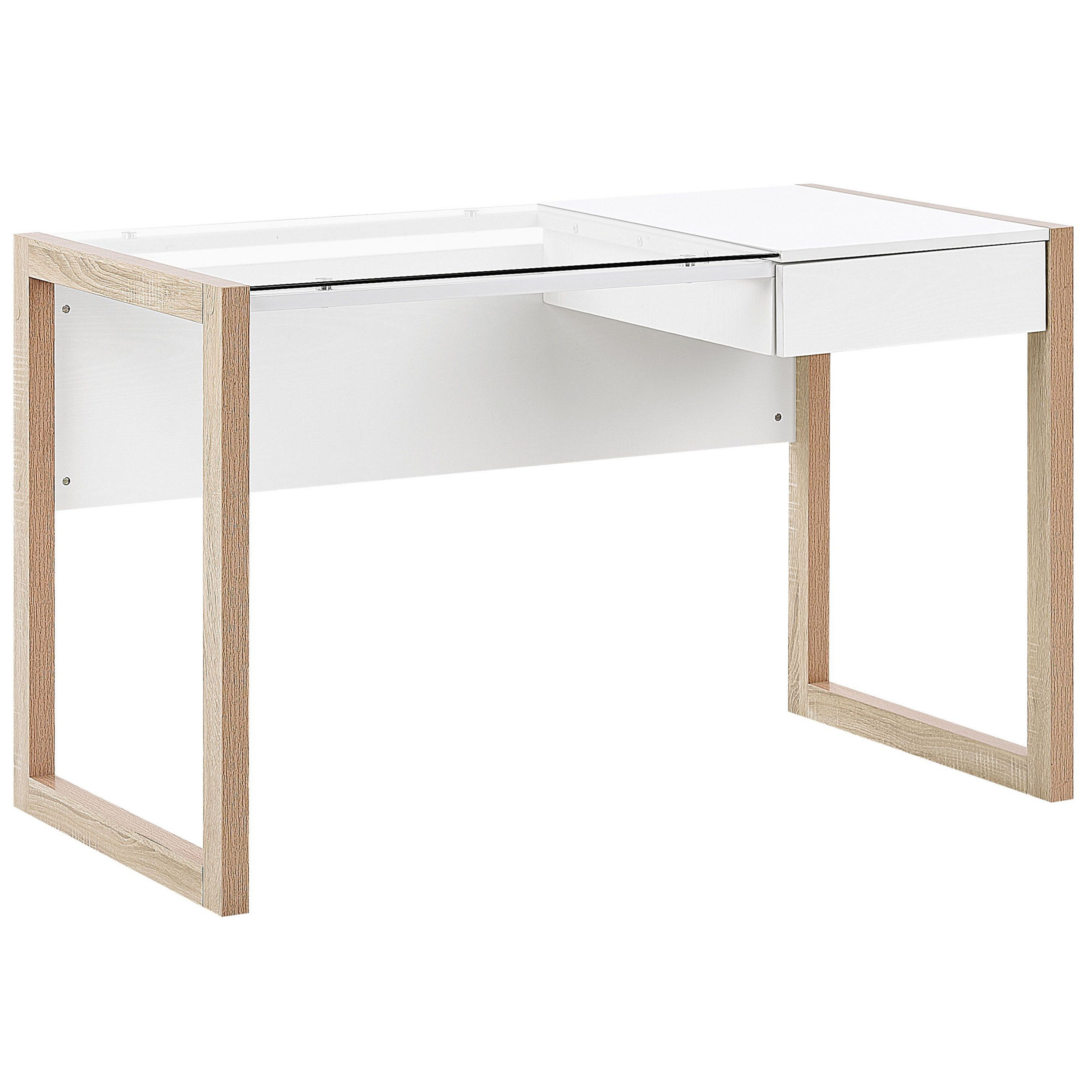 Beliani Home Desk White Wooden Drawer Storage Light Wood Glass Table Top 120 x 60 cm Minimalist Design