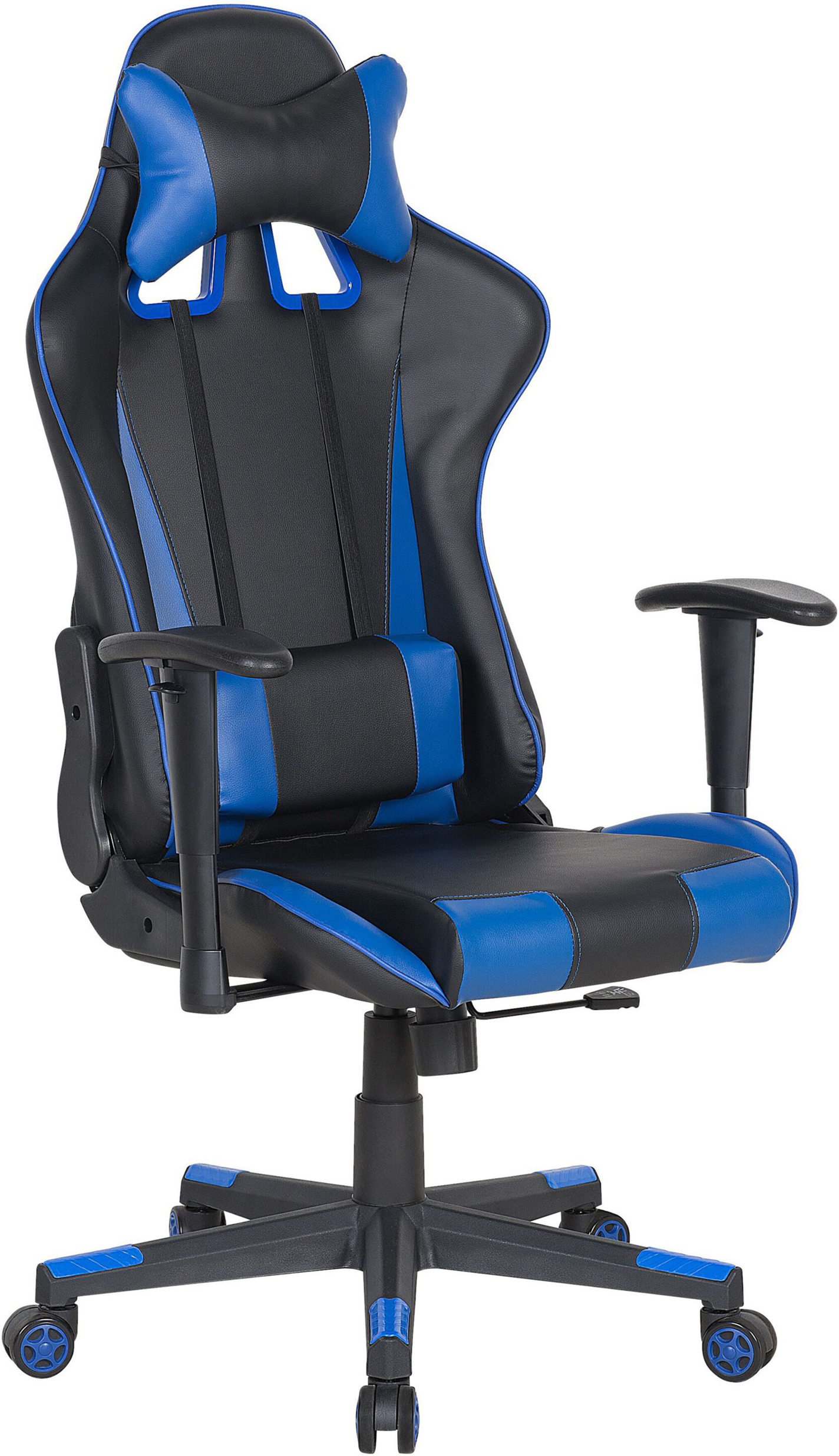 Beliani Gaming Chair Black Faux Leather with Blue Reclining Adjustable Armrests Height Lumbar Support Headrest Cushion Office Chair