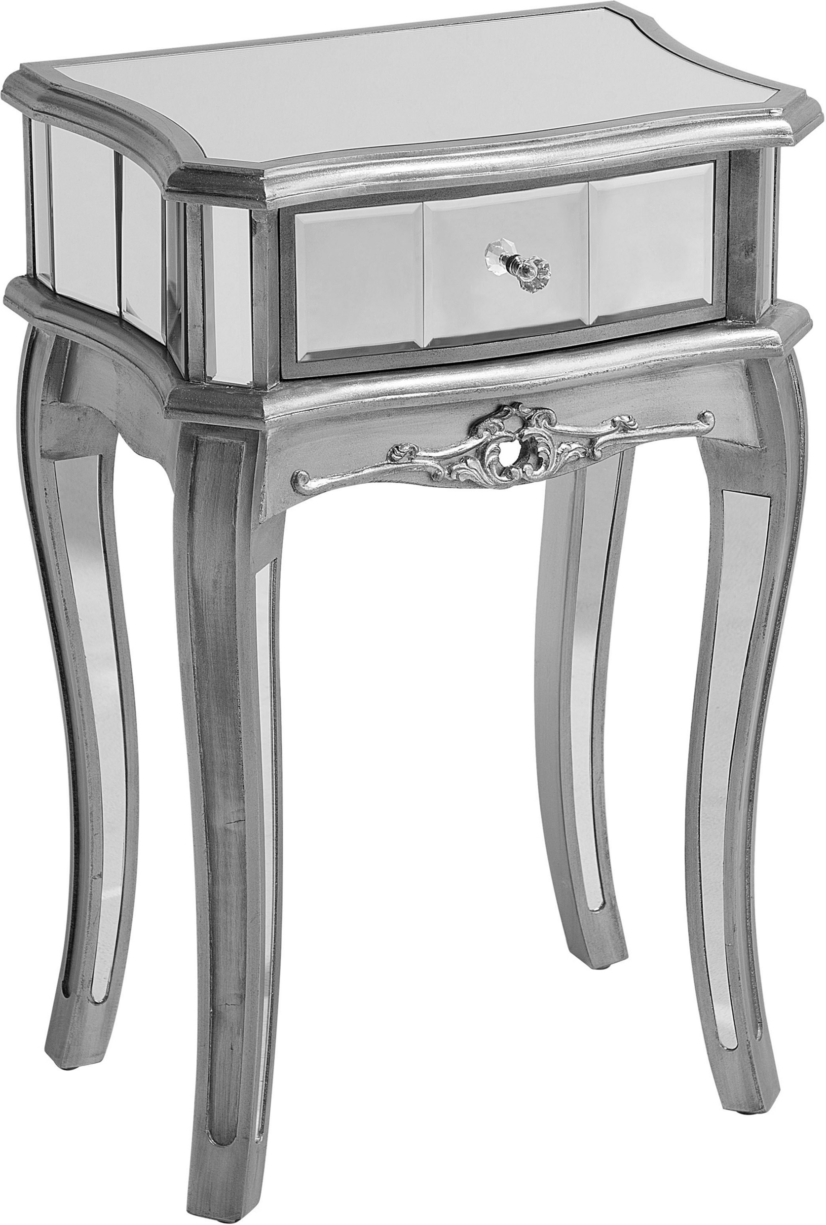 Beliani Mirrored Side Table Silver 1 Drawer Shabby Chic French Design