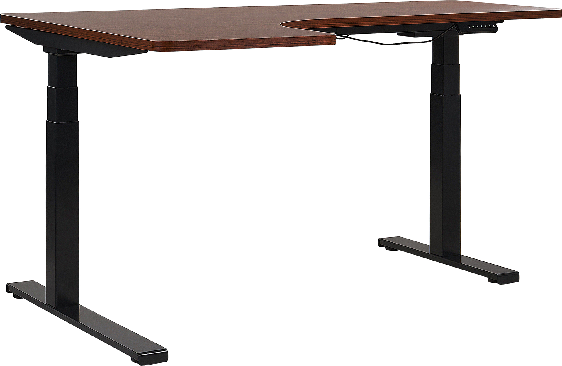 Beliani Left Corner Desk Dark Wood Tabletop 160 x 110 cm Electric Height Adjustable Black Steel Frame Sit and Stand Modern Design