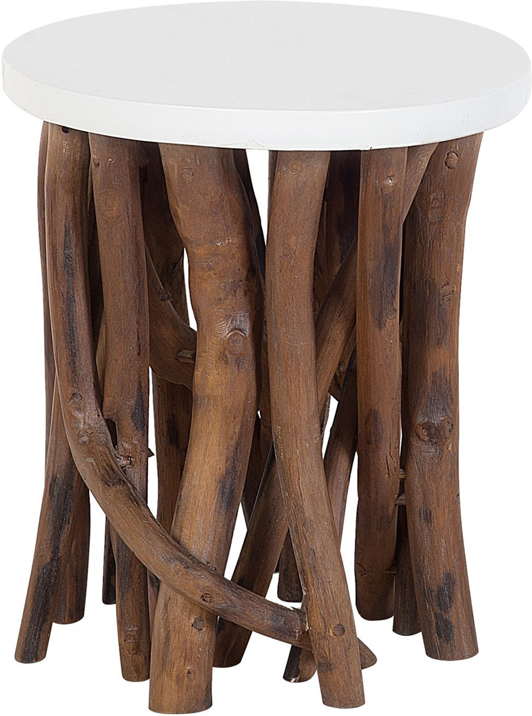 Beliani Side Table White Round Top Dark Teak Wood Tree Branch Base Modern Rustic Living Room Bedroom