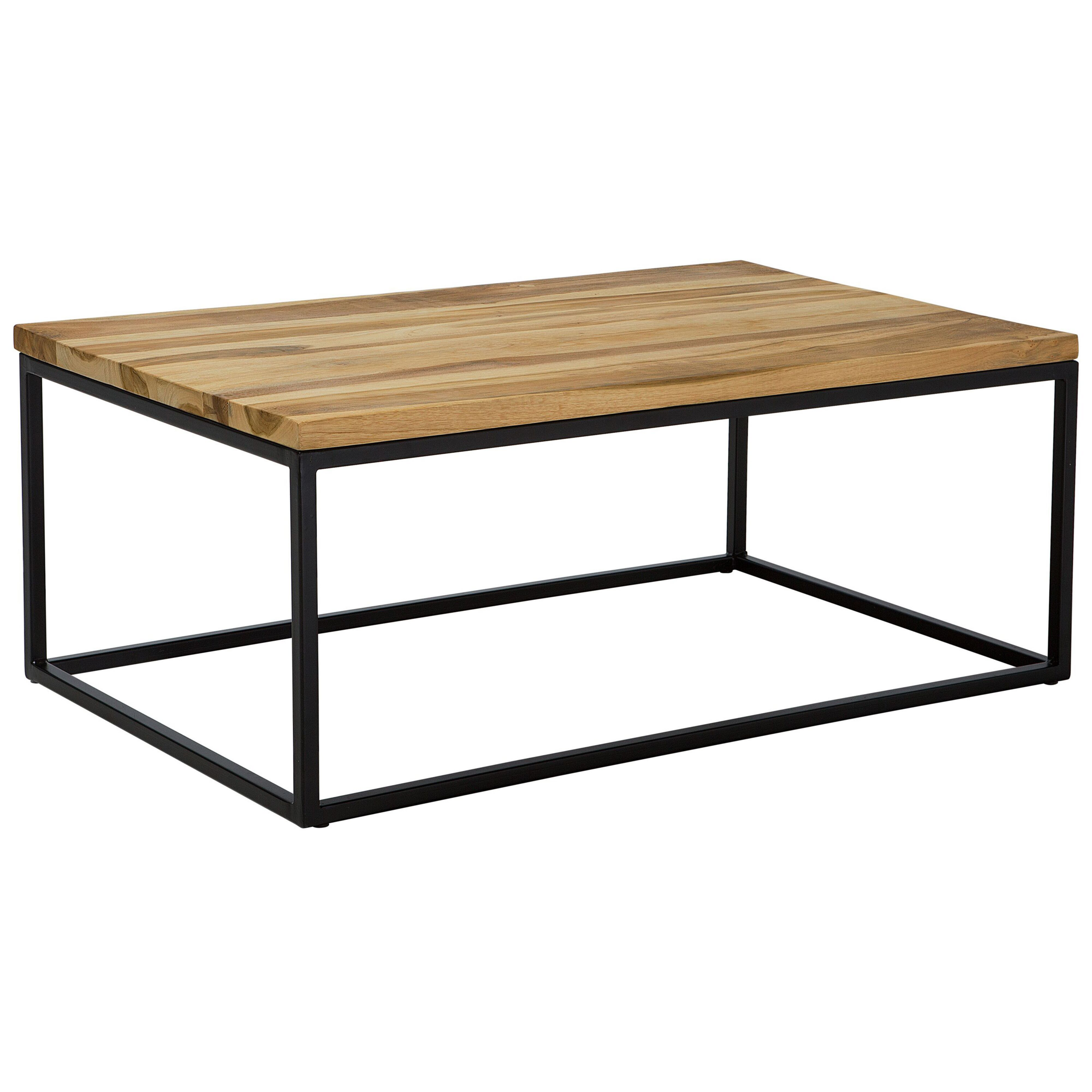 Beliani Coffee Table Light Wood Teak Rectangular Top Black Metal Frame