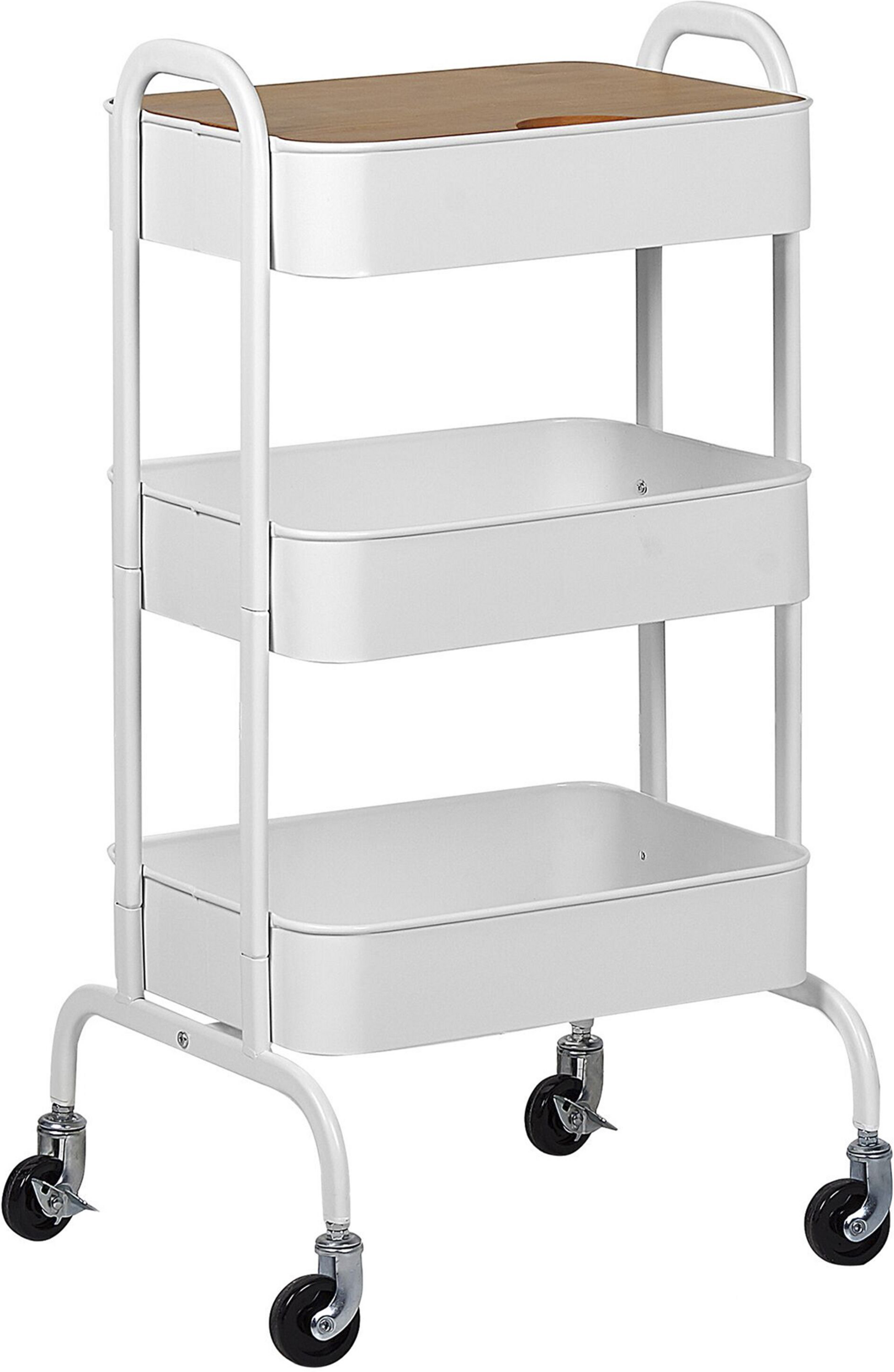 Beliani Kitchen Trolley White Metal Pine Detachable Top Shelves Castors Open Storage Industrial