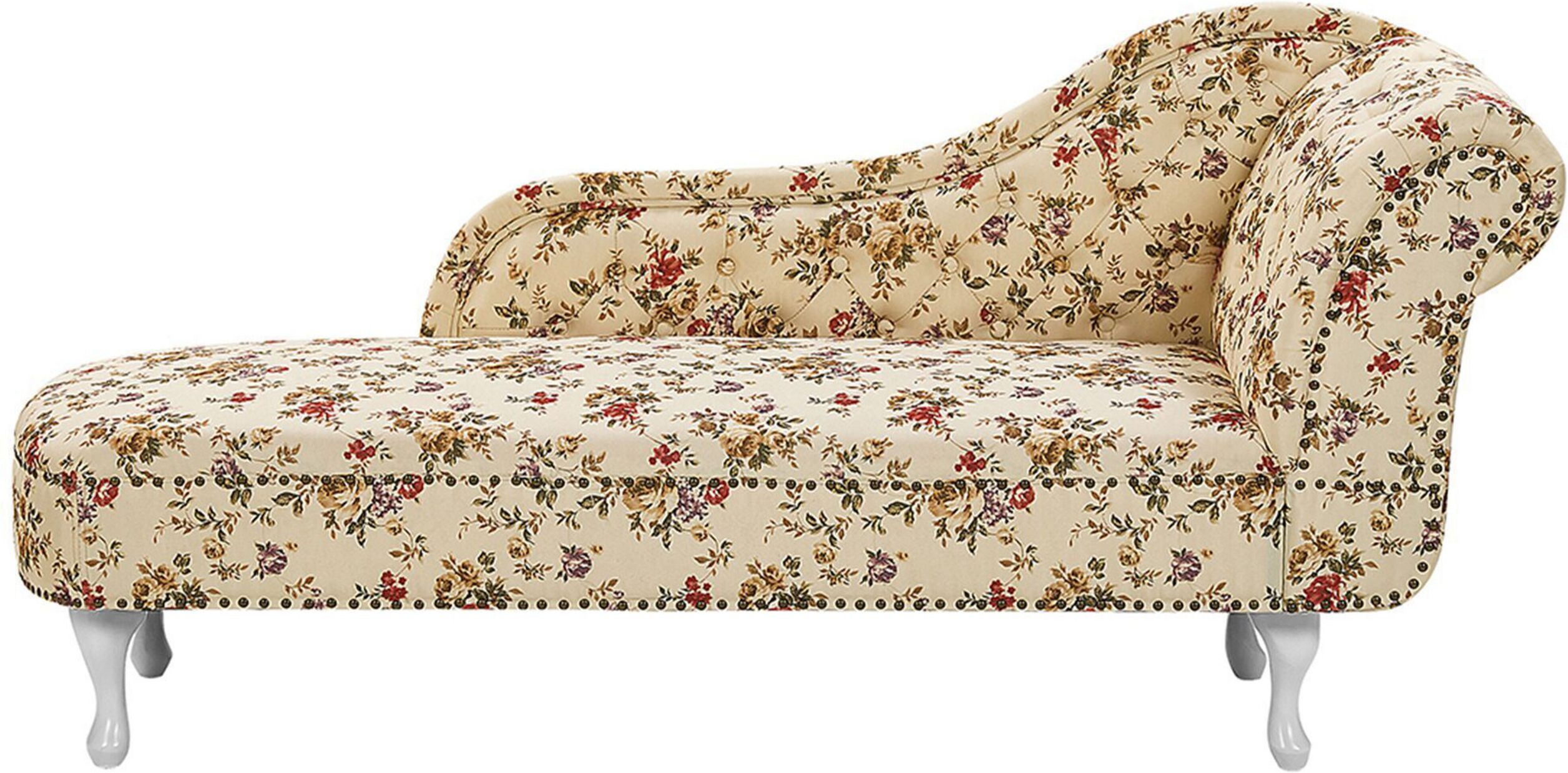 Beliani Chaise Lounge Beige Multicolour Right Hand Polyester Fabric Buttoned Nailheads Flower Pattern