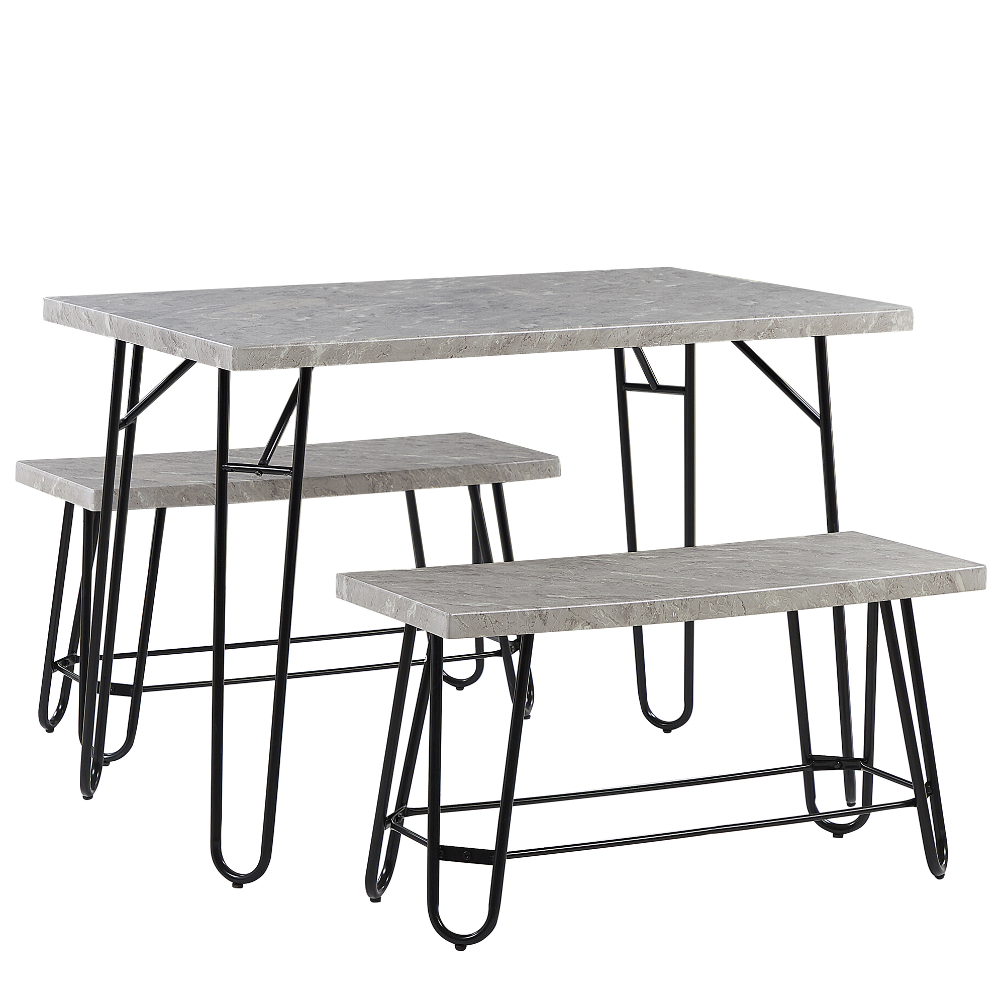 Beliani Dining Set Grey and Black Marble Veneer Top 2 Benches 4 Seats Industrial