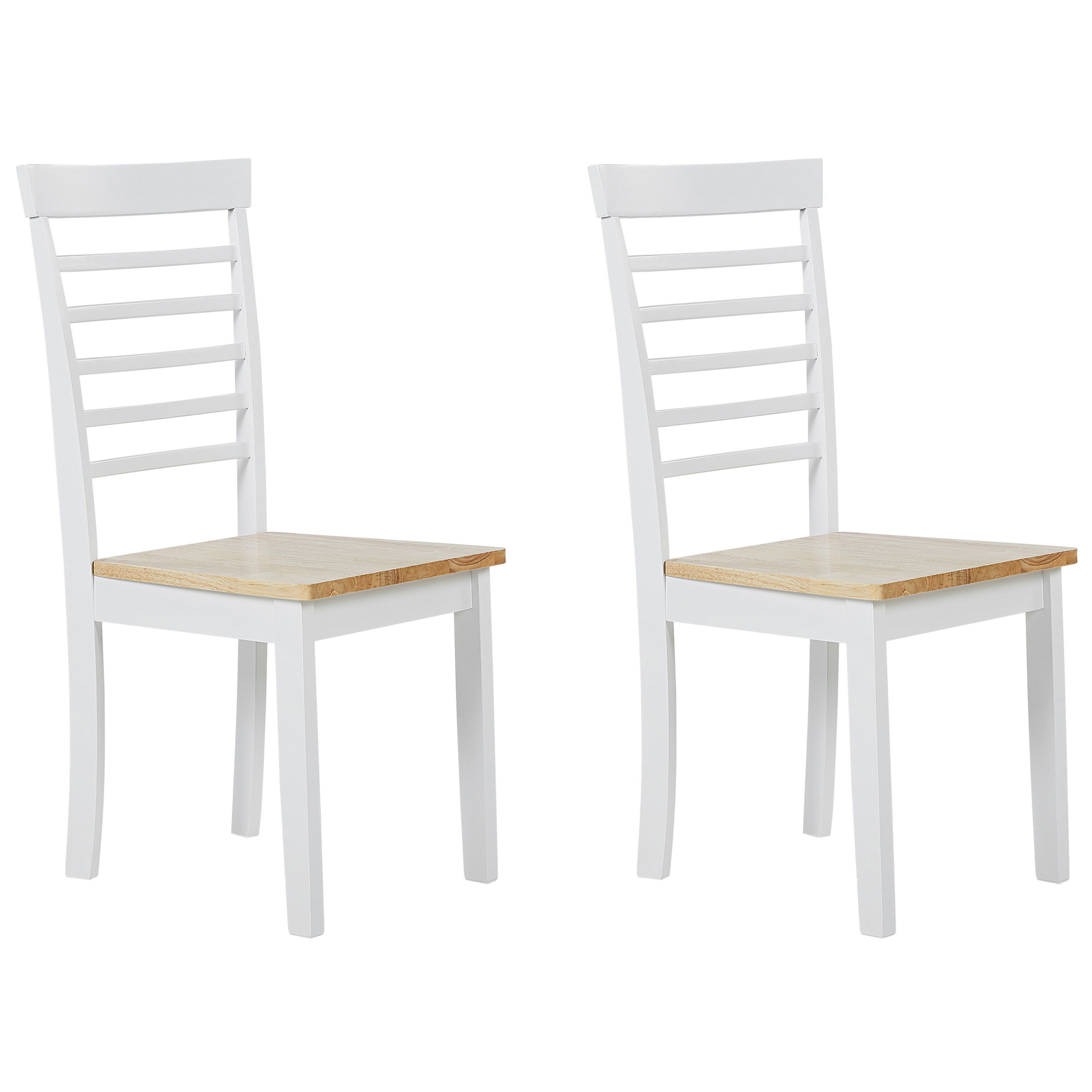 Beliani Set of 2 Dining Chairs Light Wood and White Rubber Wood Amrless Seat Ladder Back