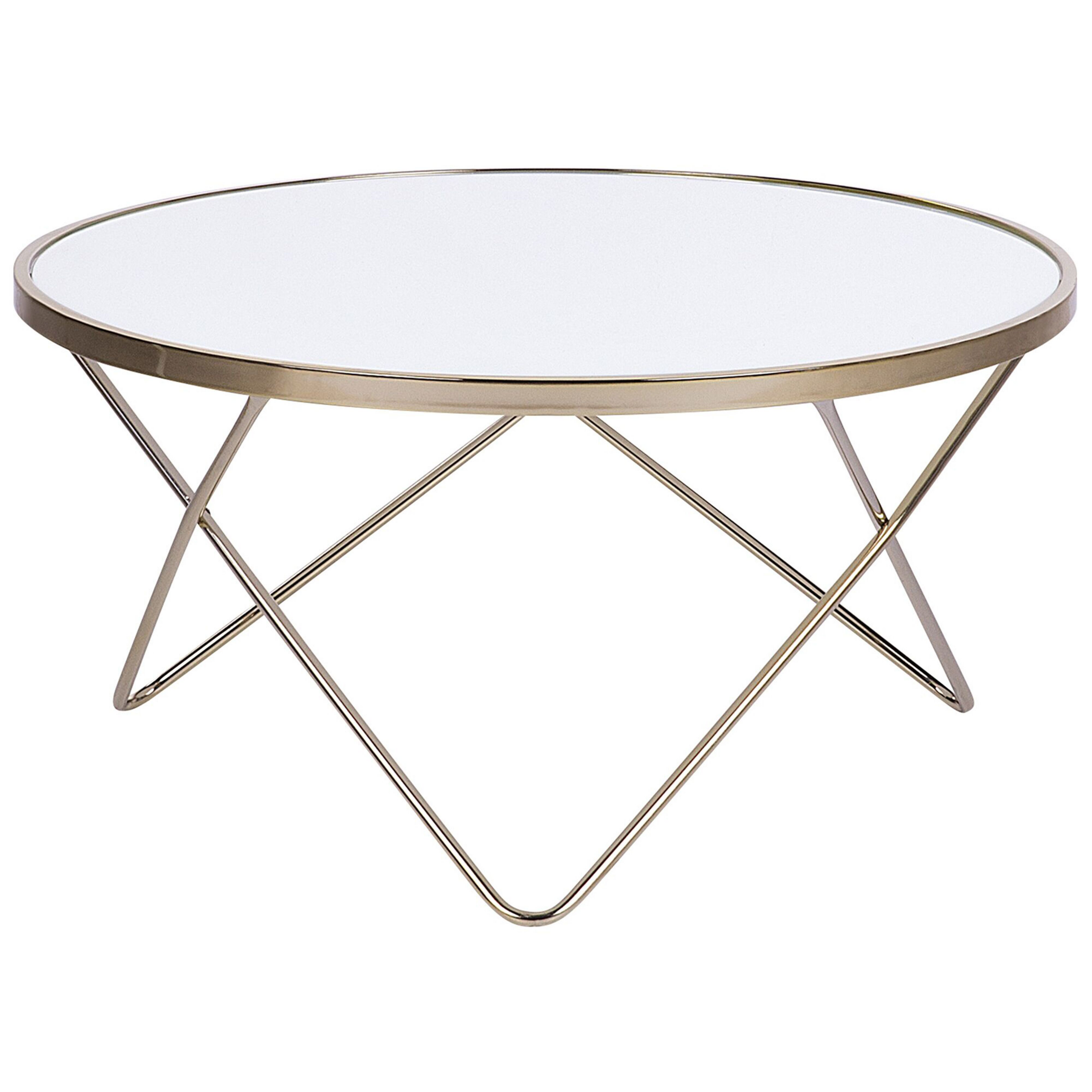 Beliani Coffee Table White Tempered Glass Top Gold Metal Hairpin Legs Round Shape