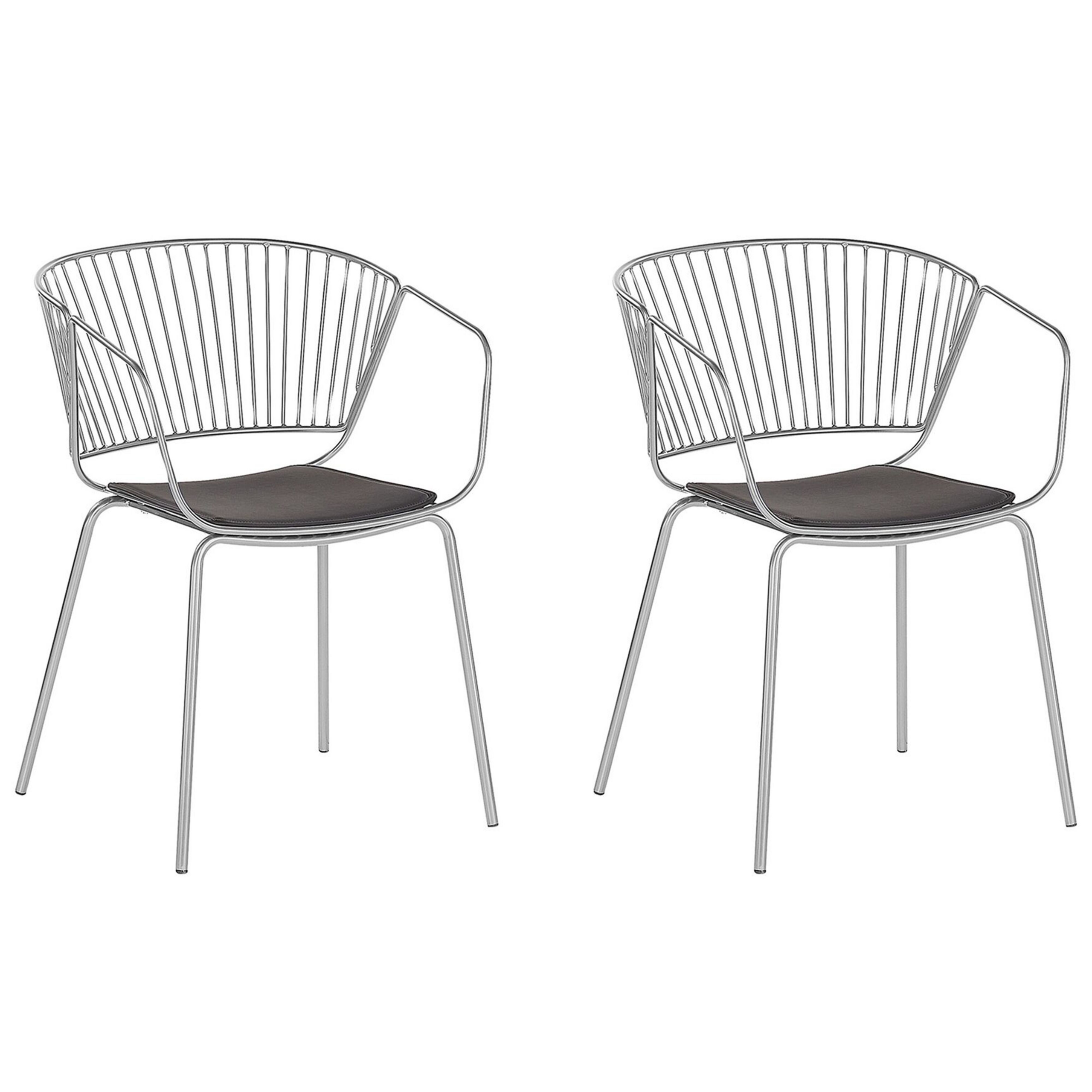 Beliani Set of 2 Dining Chairs Silver Metal Wire Design Faux Leather Black Seat Pad Accent Industrial Glam Style