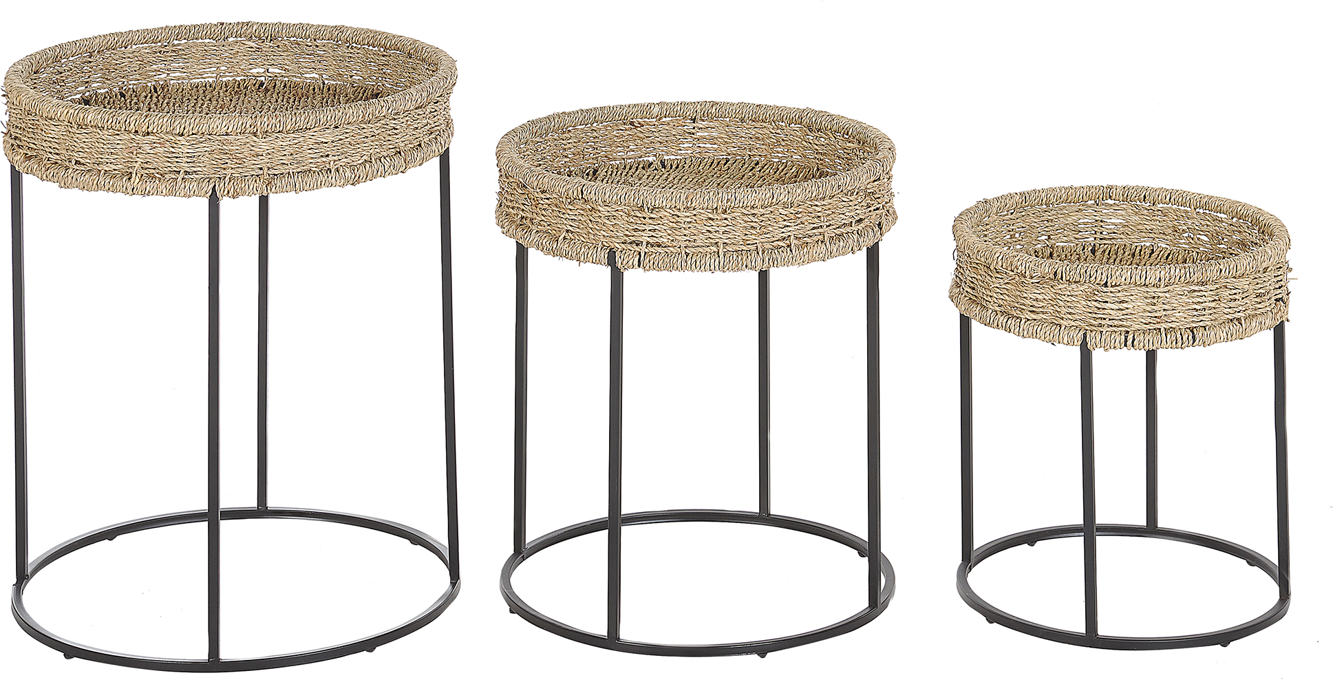 Beliani Set of 3 Side Tables Light Wood with Black Rattan Tops Iron Frames Nesting Natural Boho Rustic