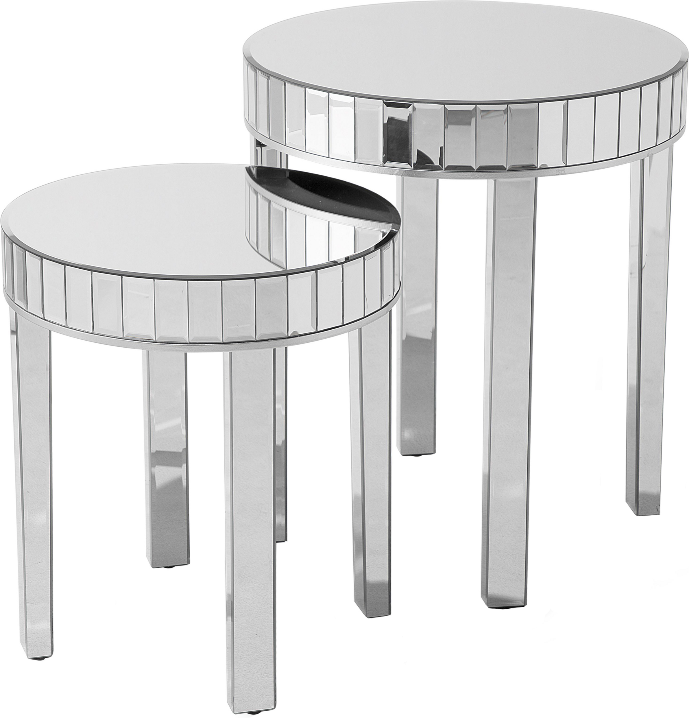 Beliani Nest of 2 Side Tables Silver Mirrored Glass Round Top Glamour Living Room Set