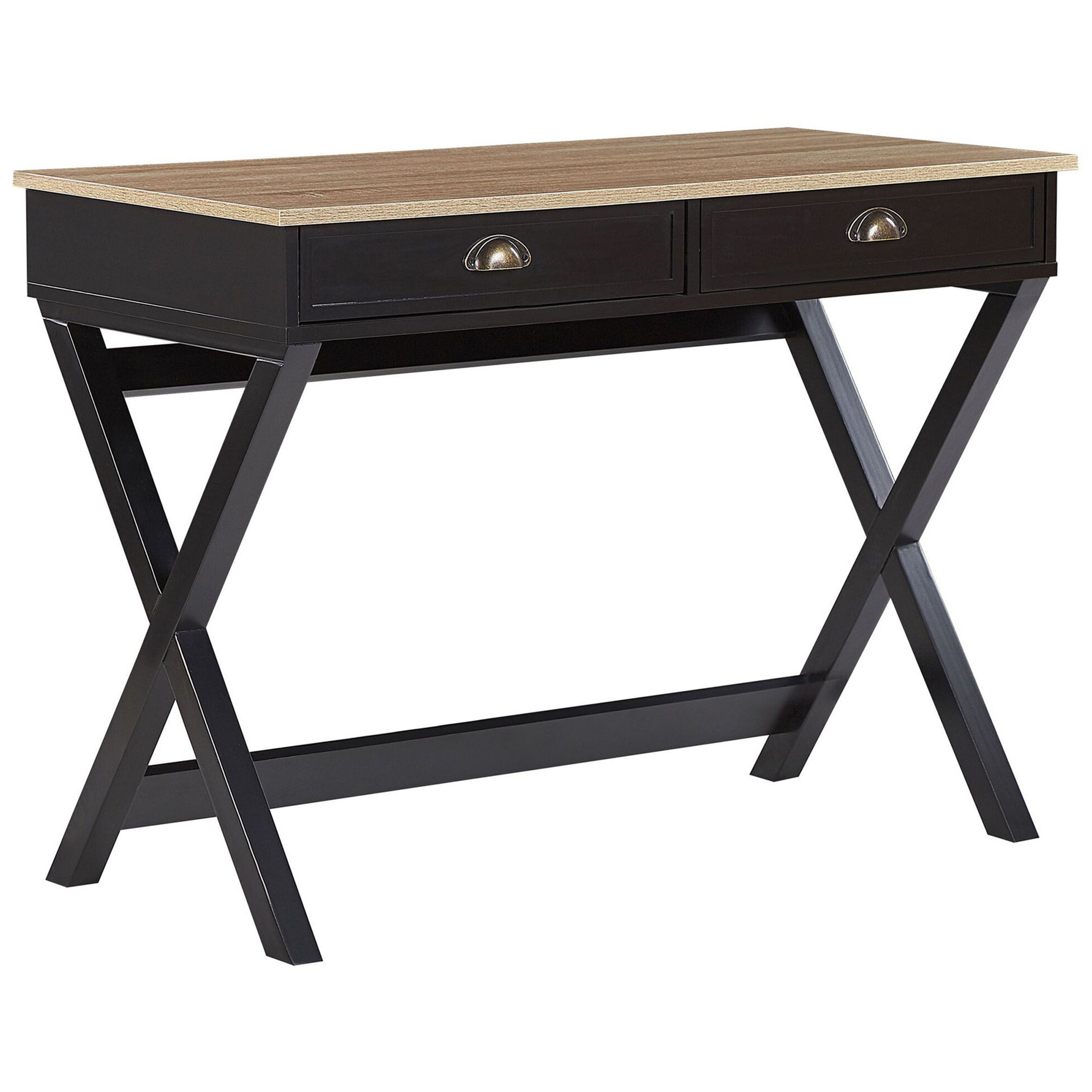 Beliani Home Office Desk Black and Light Wood 103 x 50 cm with Drawers Cross Legs