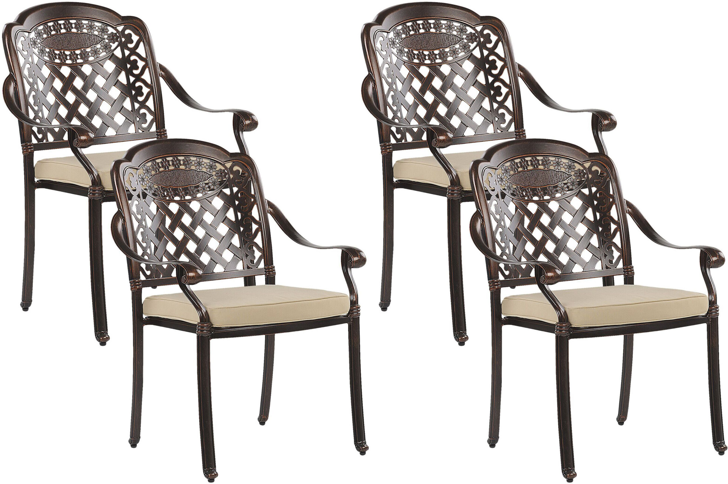 Beliani Set of 4 Garden Dining Chairs Brown Aluminium Beige Polyester Seat Pads Vintage