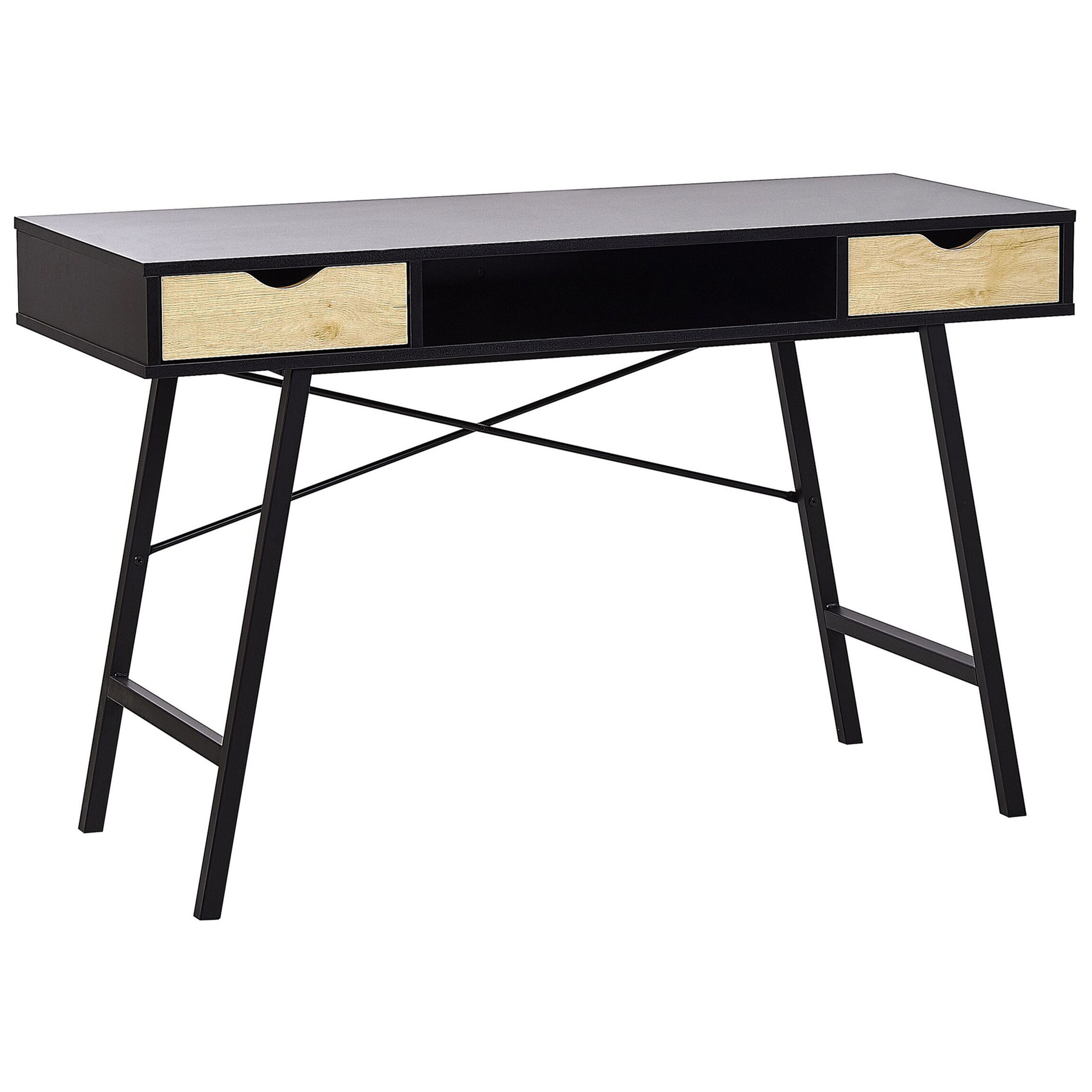 Beliani Home Office Desk Black with Light Wood Metal Frame 120 x 48 cm Storage Compartment 2 Drawers 1 Shelf PVC Top