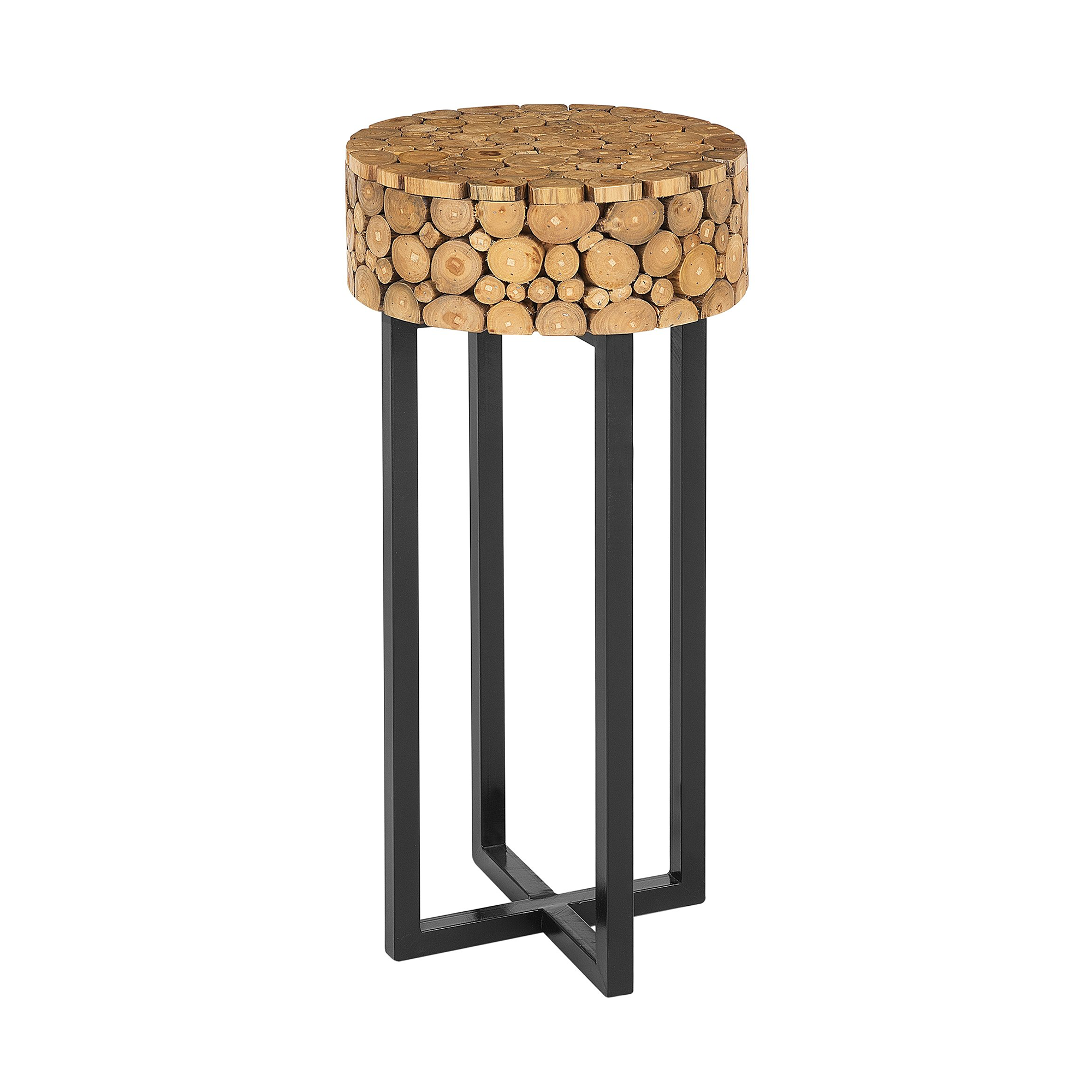 Beliani Side Table Light Wood Teak Top Black Legs 76 x 35 x 35 cm Industrial Rustic