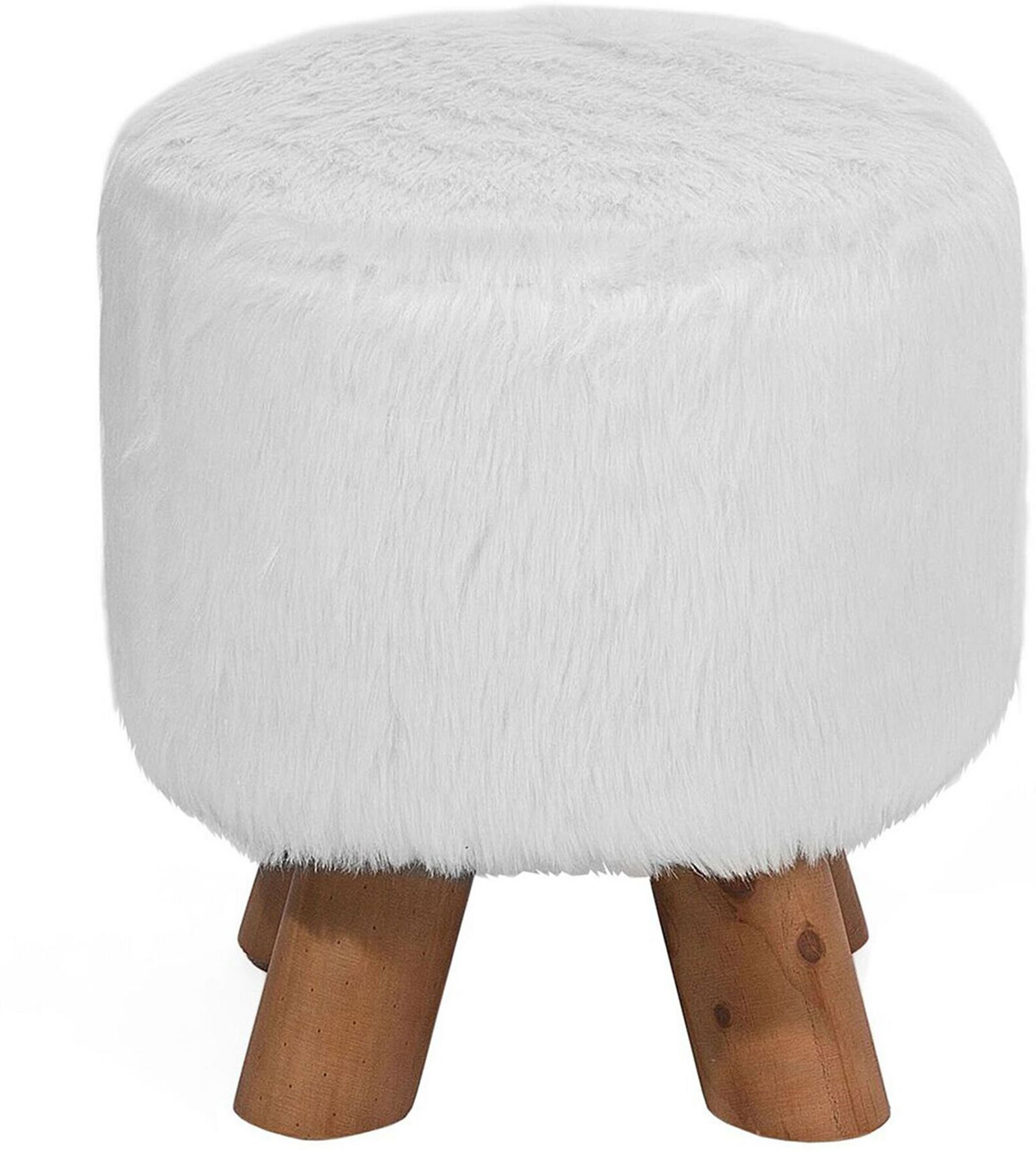 Beliani Footstool White Faux Fur Round Shaggy Stool on Wooden Legs