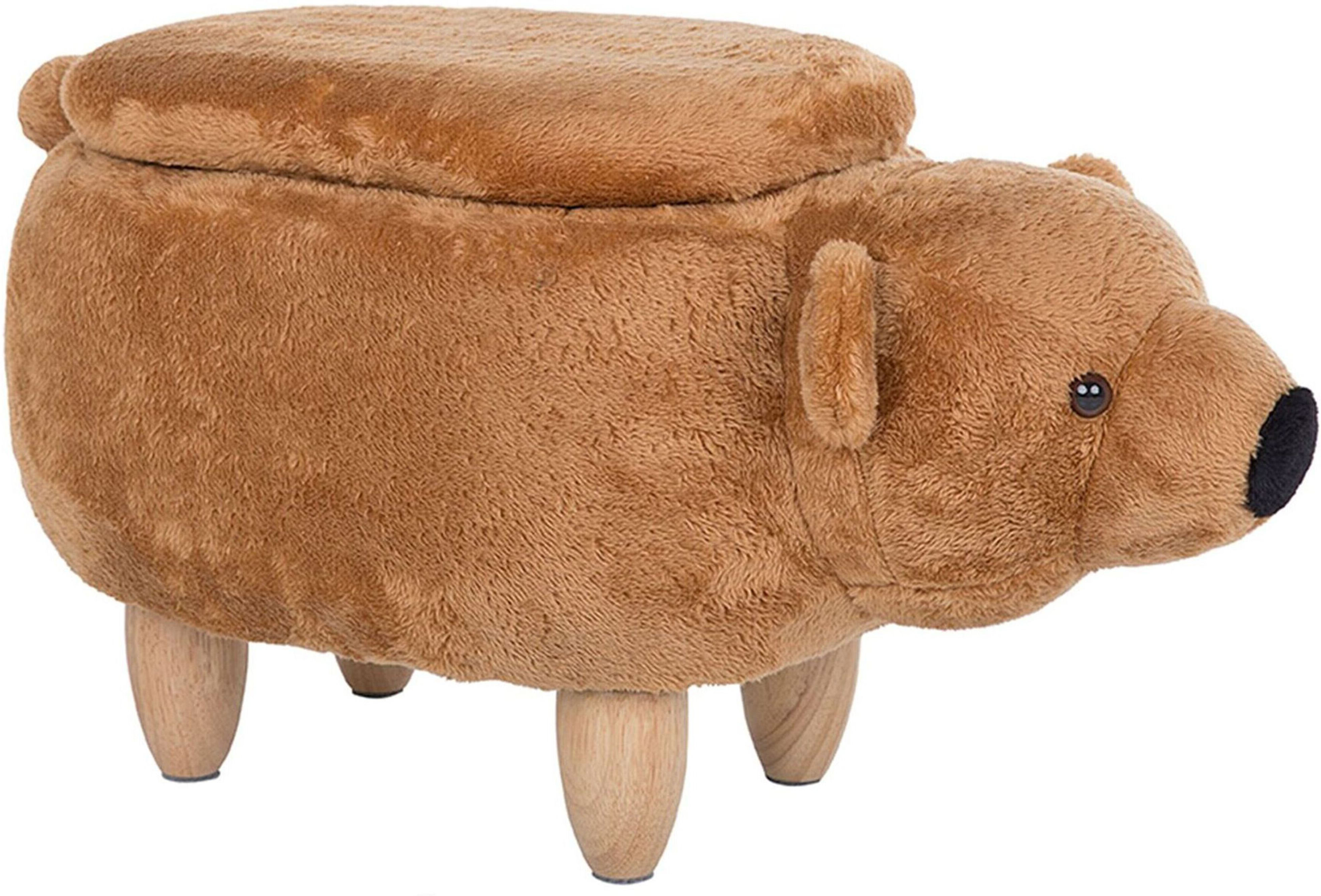 Beliani Animal Bear Children Stool Brown Polyester Fabric Upholstered Wooden Legs Storage Function Nursery Footstool