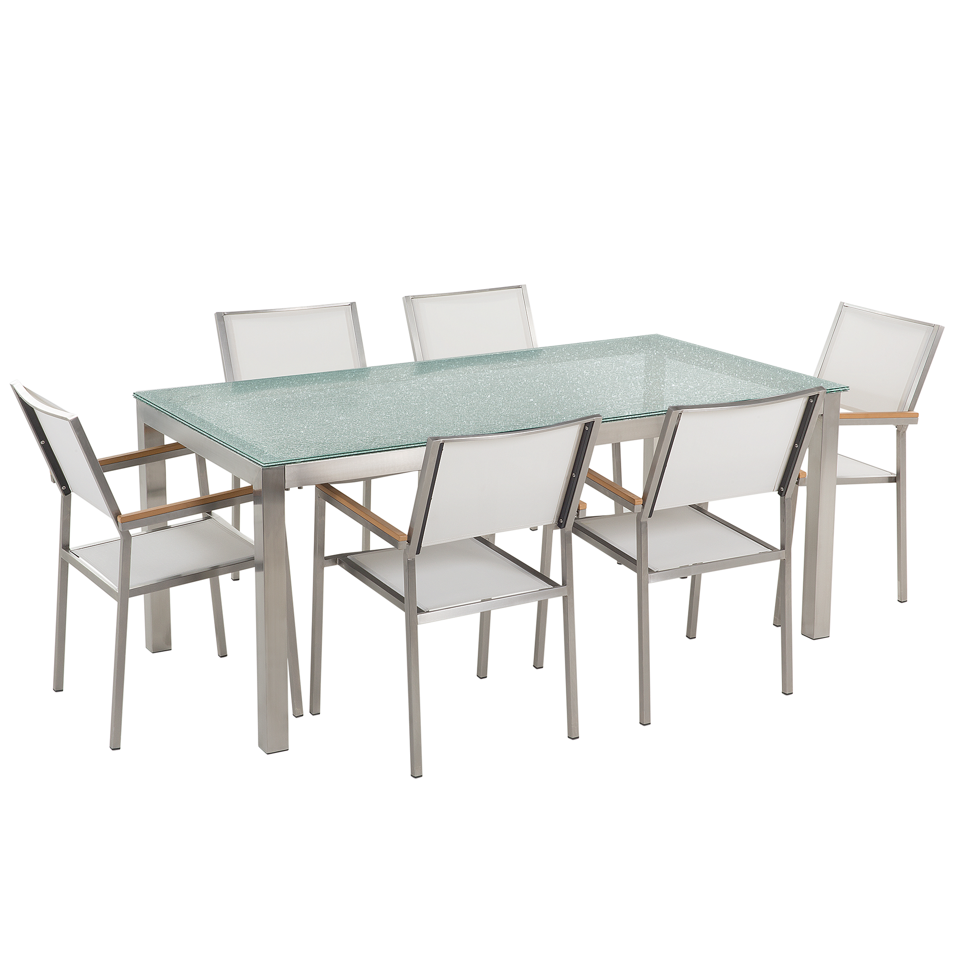 Beliani Garden Dining Set White with Cracked Glass Table Top 6 Seats 180 x 90 cm
