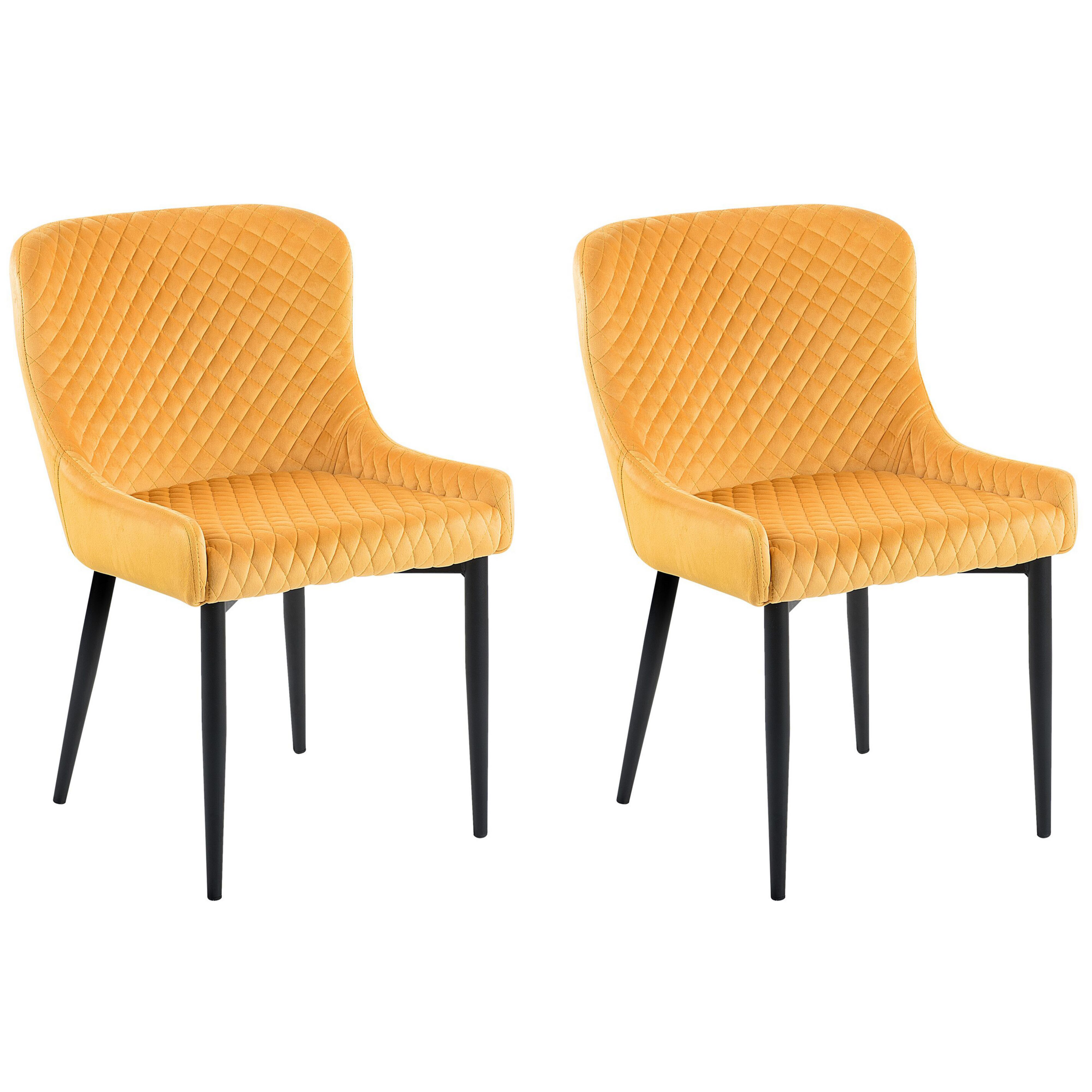 Beliani Set of 2 Dining Chairs Yellow Velvet Upholstered Quilted