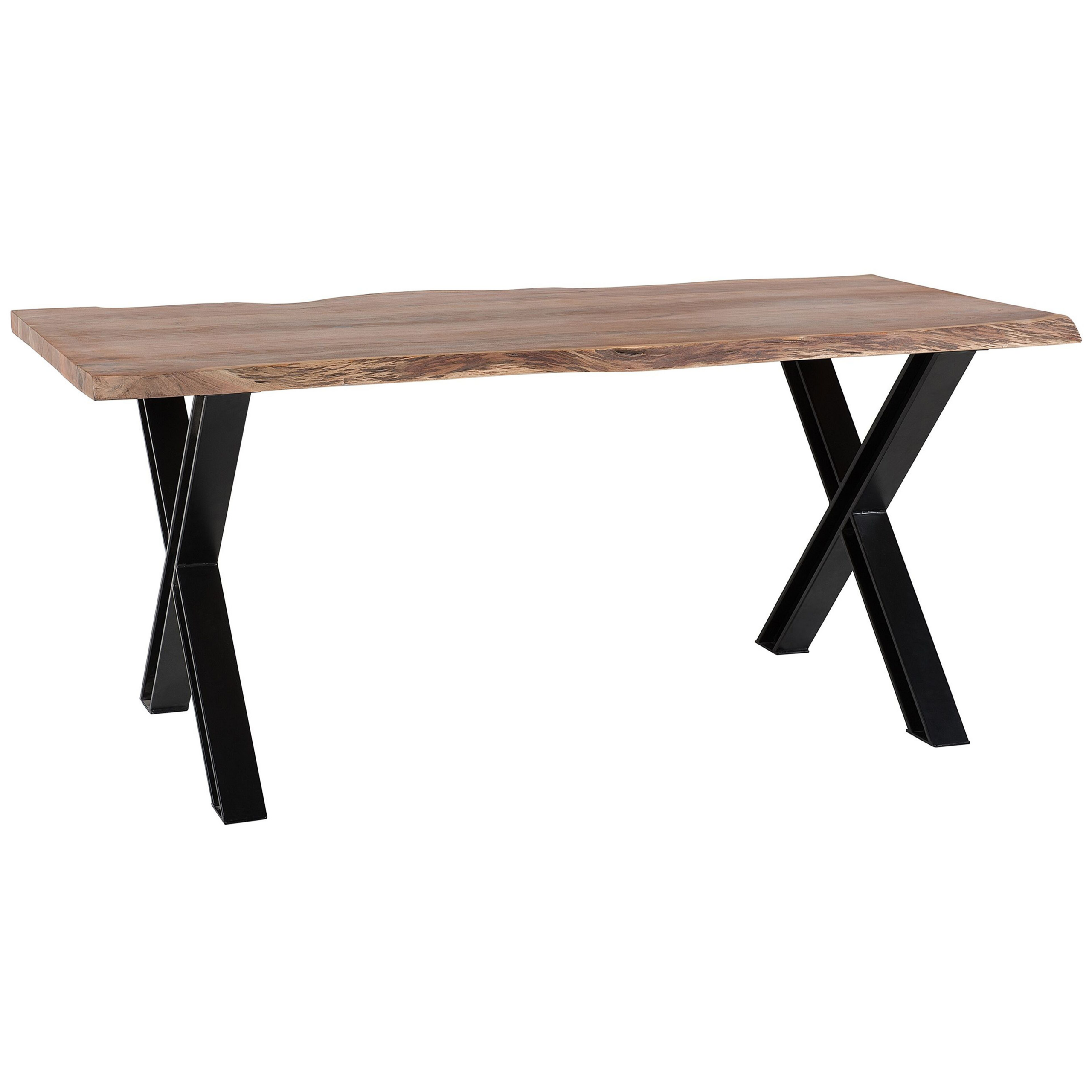 Beliani Dining Table Light Wood 180 x 95 cm Solid Wood Top Live Edge Black Metal Base Modern Industrial
