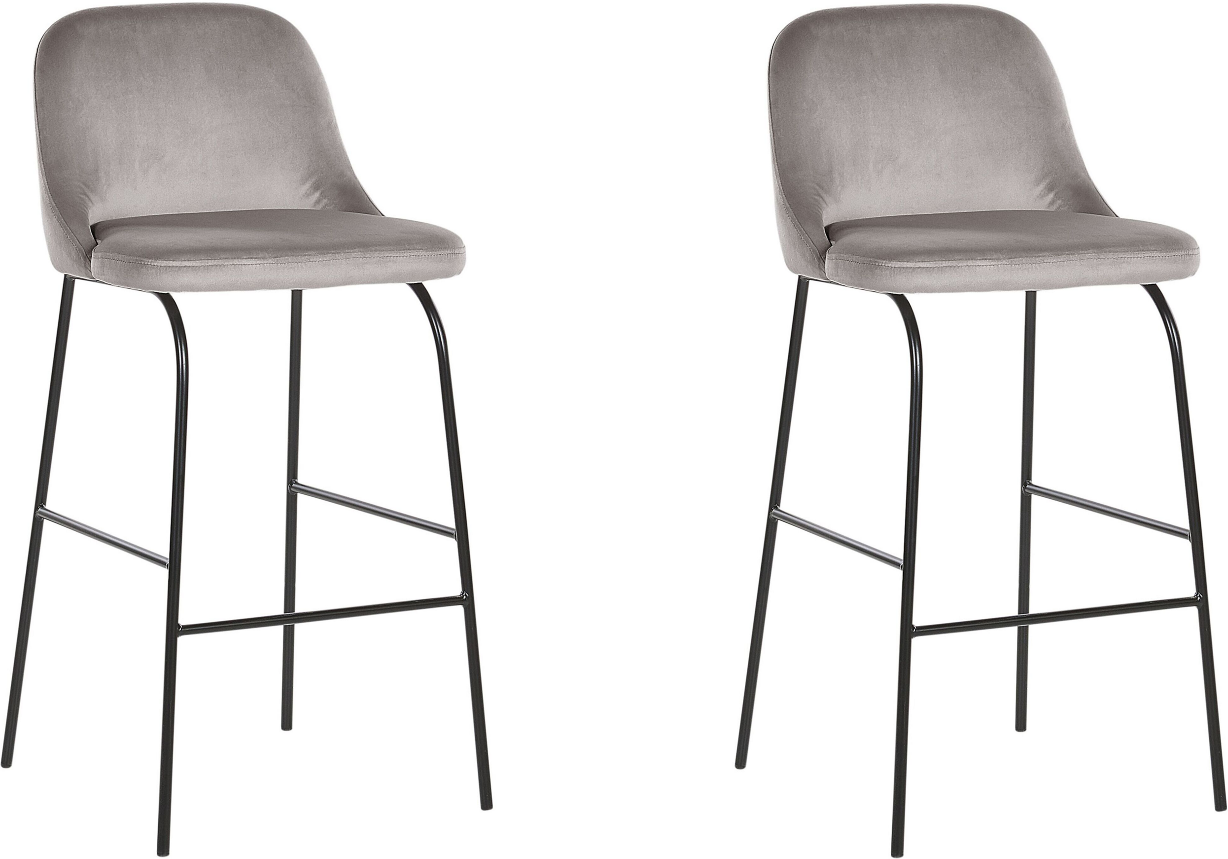 Beliani Set of 2 Bar Stool Grey Velvet Upholstery Black Metal Legs Industrial