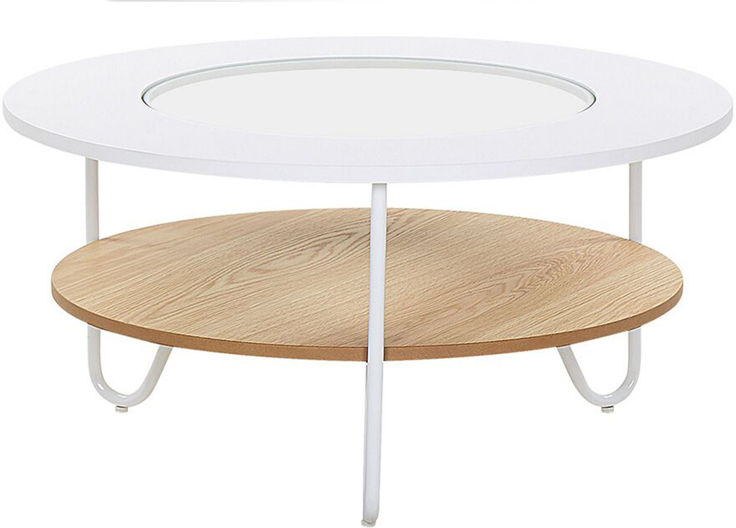 Beliani Modern Round Coffee Table White Top with Glass Hairpin Legs MDF Light Wood Shelf