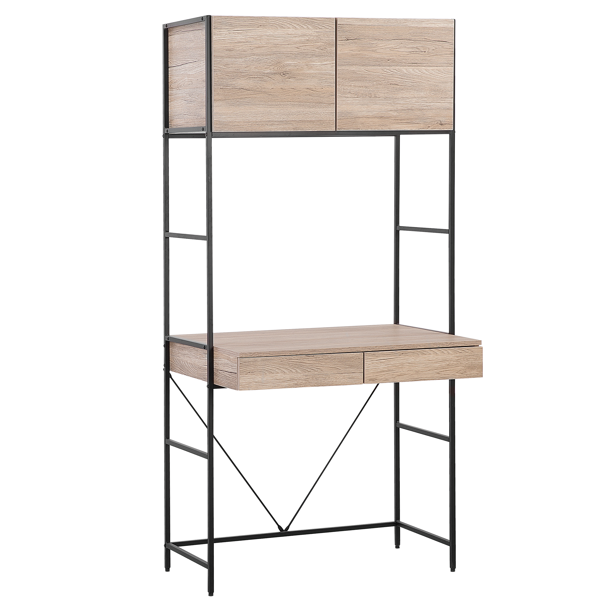 Beliani Desk Light Wood 81 x 60 cm Black Metal Base 2 Drawers 2 Cabinets Modern