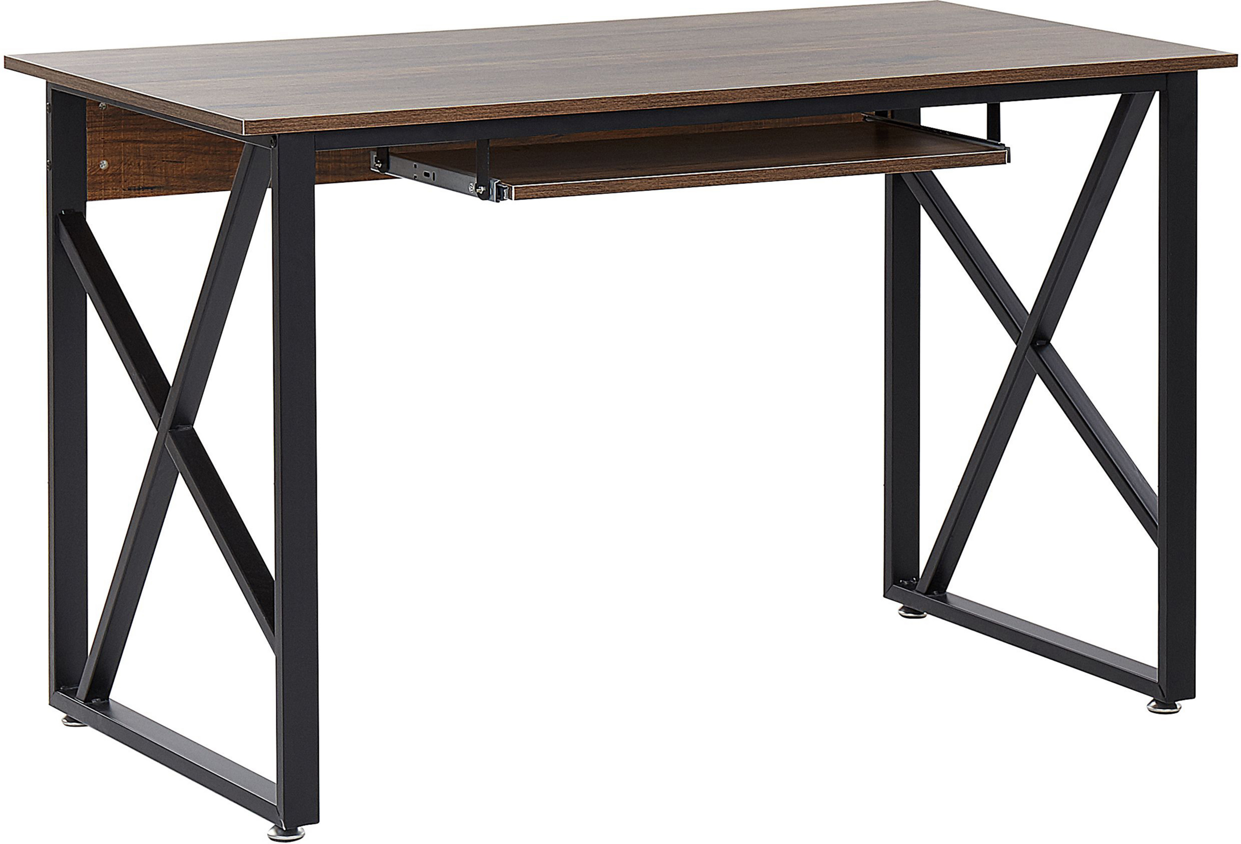 Beliani Home Desk Dark Wood Top Black Metal Steel Frame with Keyboard Tray 120 x 60 cm Industrial