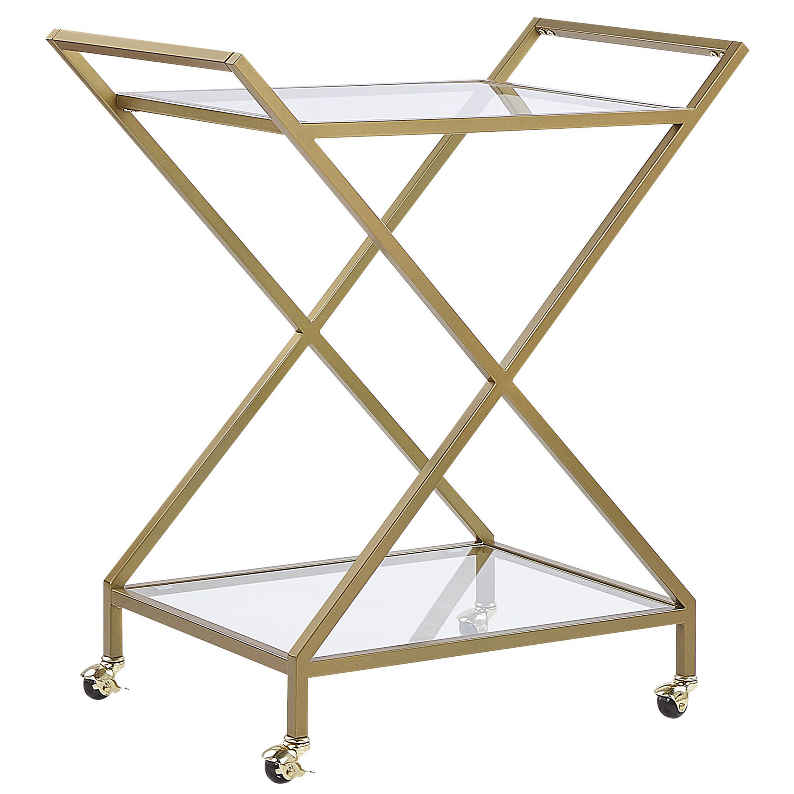 Beliani Kitchen Trolley Gold Metal Frame Clear Glass Tops Glamour Bar Cart with Lockable Castors