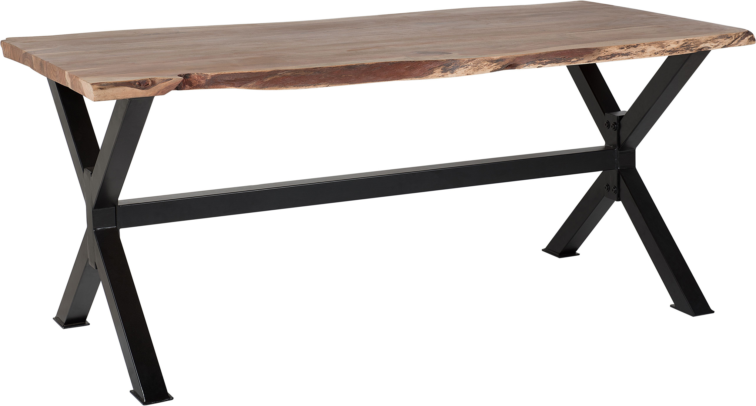 Beliani Dining Table Light Wood 200 x 95 cm Solid Wood Top Live Edge Black Metal Base Modern Industrial