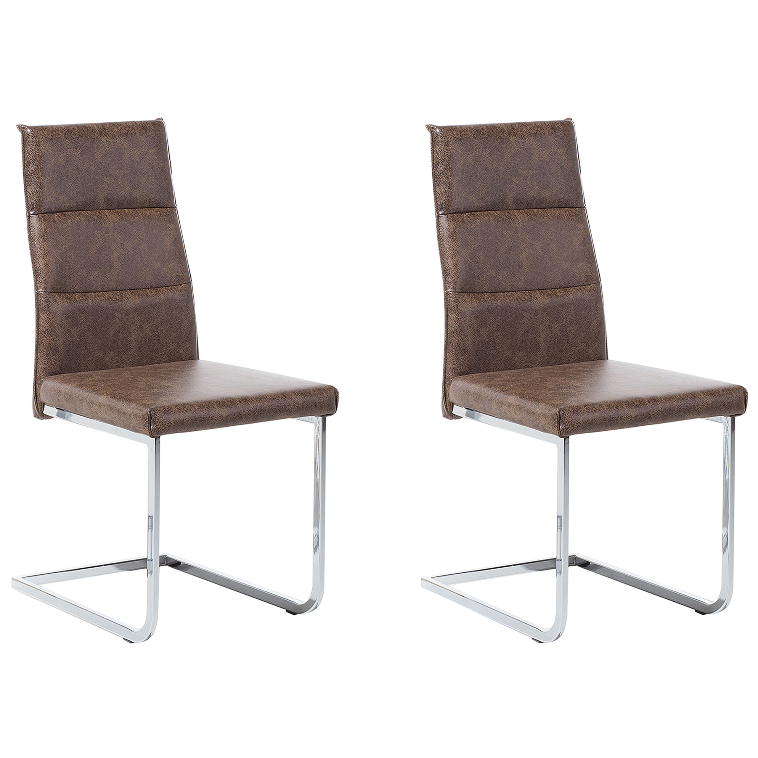 Beliani Set of 2 Dining Chairs Brown Faux Leather Upholstered Cantilever Silver Legs Armless Vintage Design