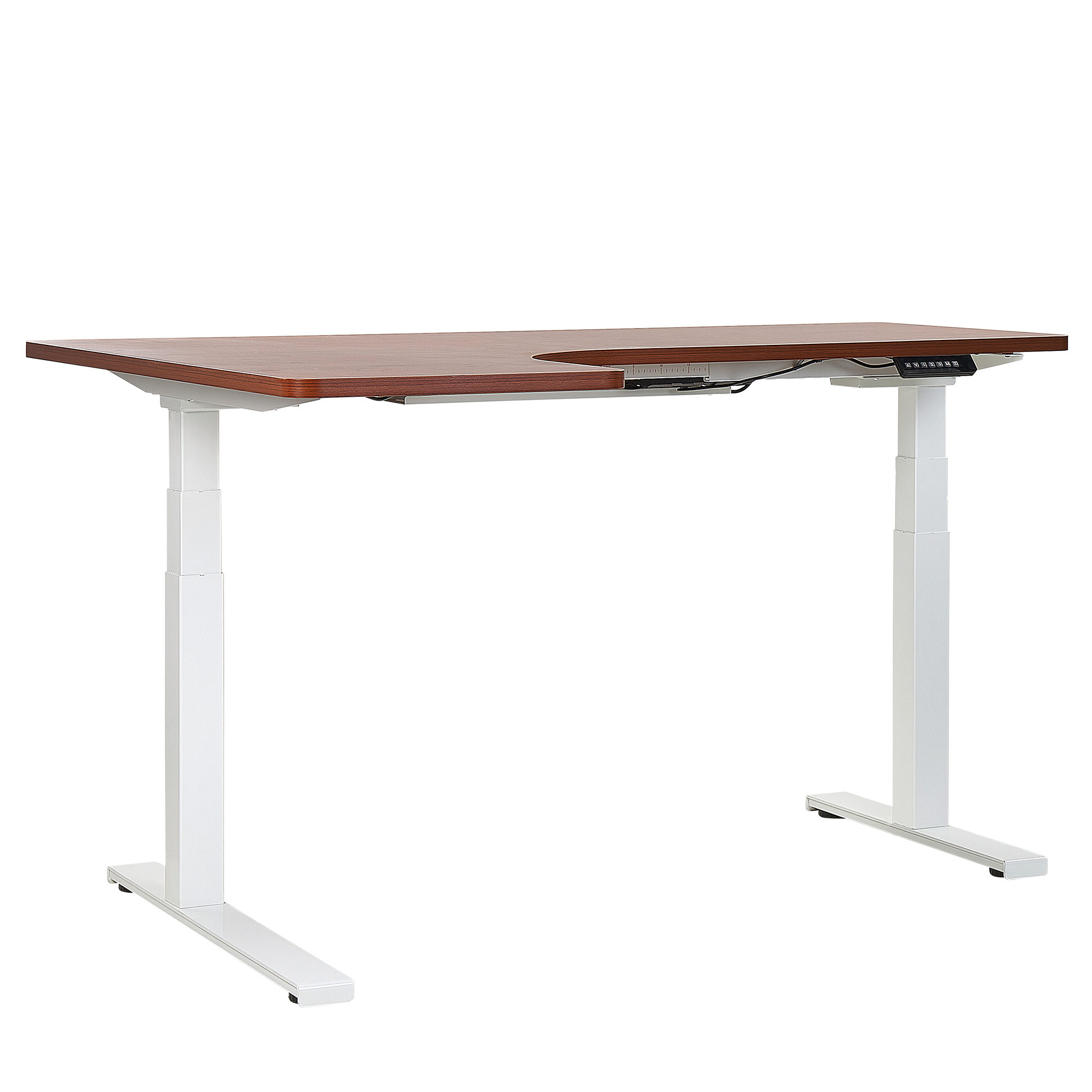 Beliani Left Corner Desk Dark Wood Tabletop 160 x 110 cm Electric Height Adjustable White Steel Frame Sit and Stand Modern Design