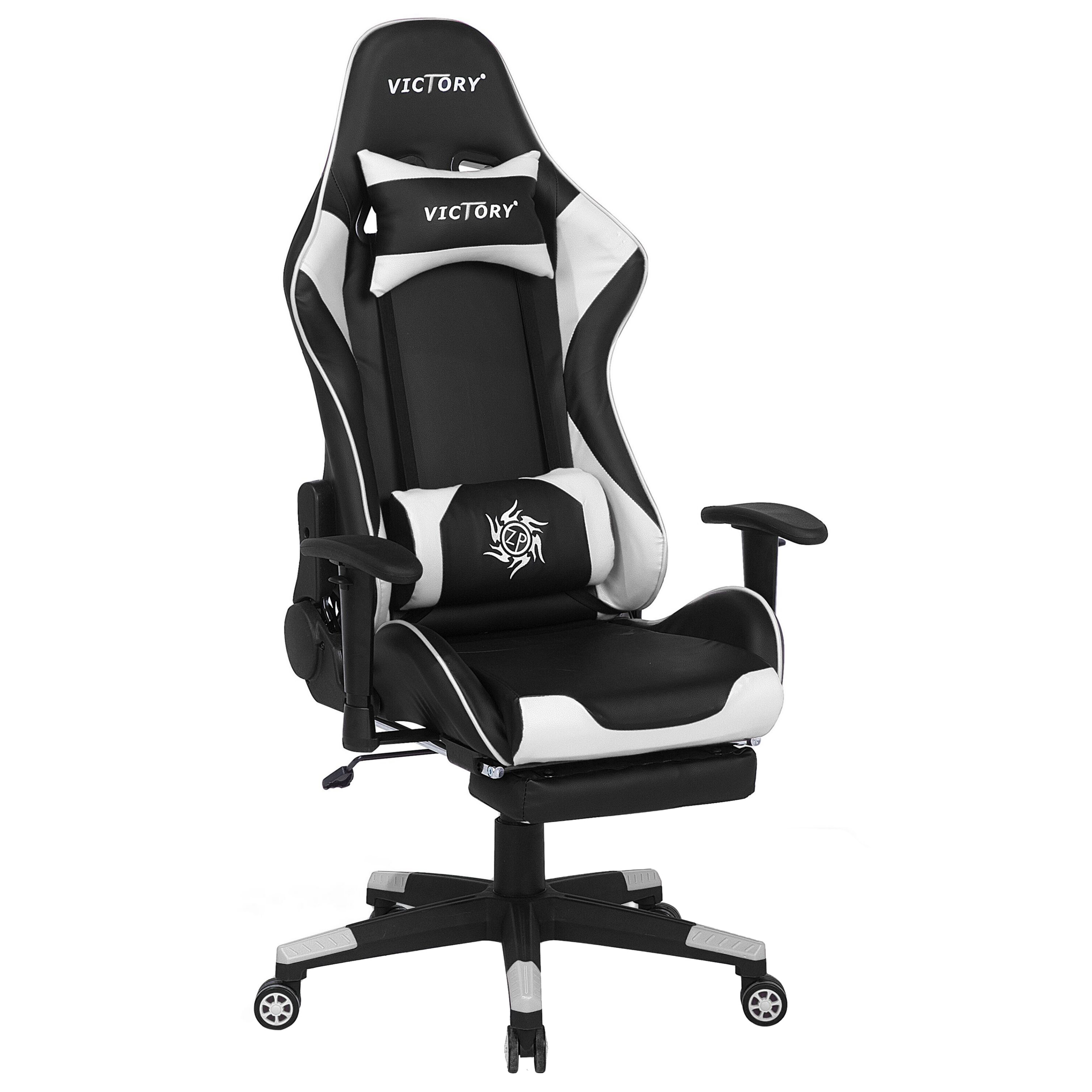Beliani Gaming Chair Black White Faux Leather Swivel Adjustable Armrests and Height Footrest Modern