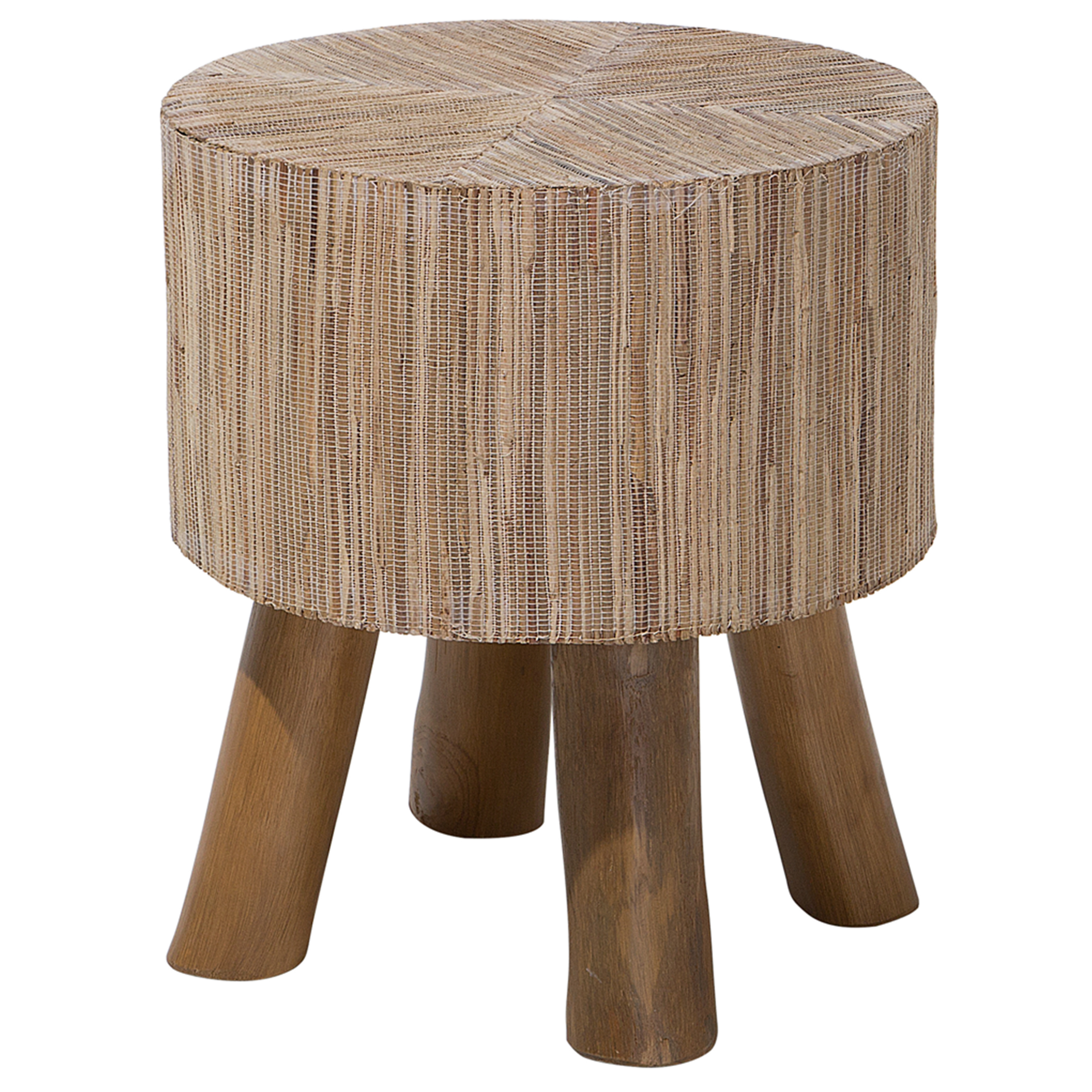Beliani Side Table Light Wood Teak with Water Hyacinth Top 35 cm Round Footstool Rustic Raw Style