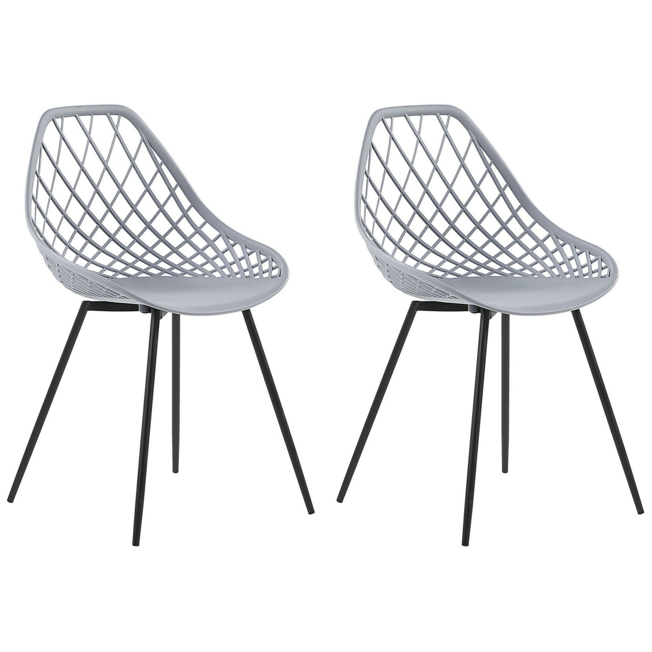 Beliani Set of 2 Dining Chairs Grey Synthetic Seat Black Metal Legs Net Design Backrest Modern Scandinavian